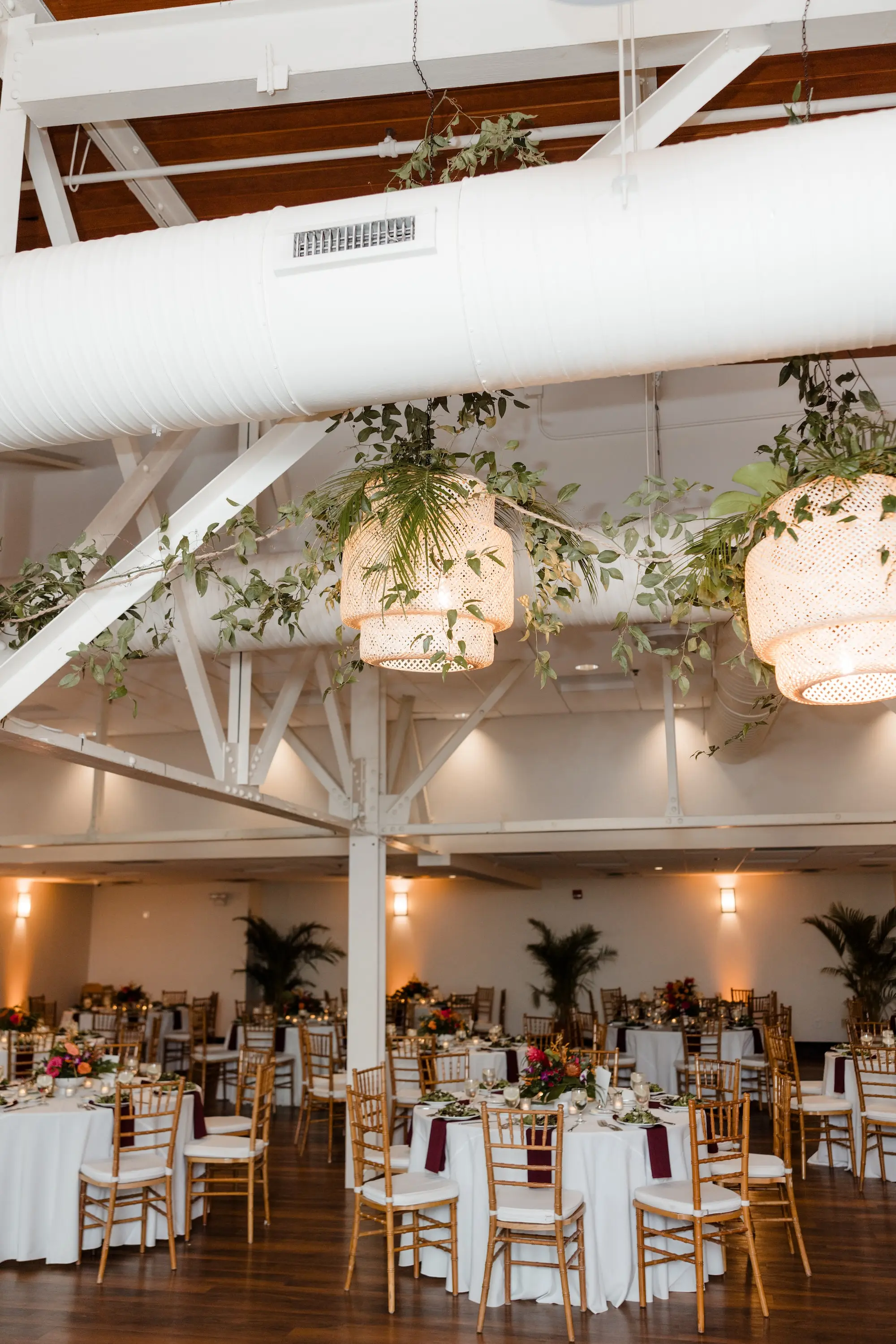 Elegant Tropical Jewel Toned Ballroom Wedding Reception | Garden Bamboo Wooden Chairs | Tall Ferns and Hanging Greenery Garland Wedding Reception Decor Ideas | Tampa Bay Florist Save The Date Florida | Venue Sunken Gardens | Tampa Bay Caterer Amicis Catered Cuisine