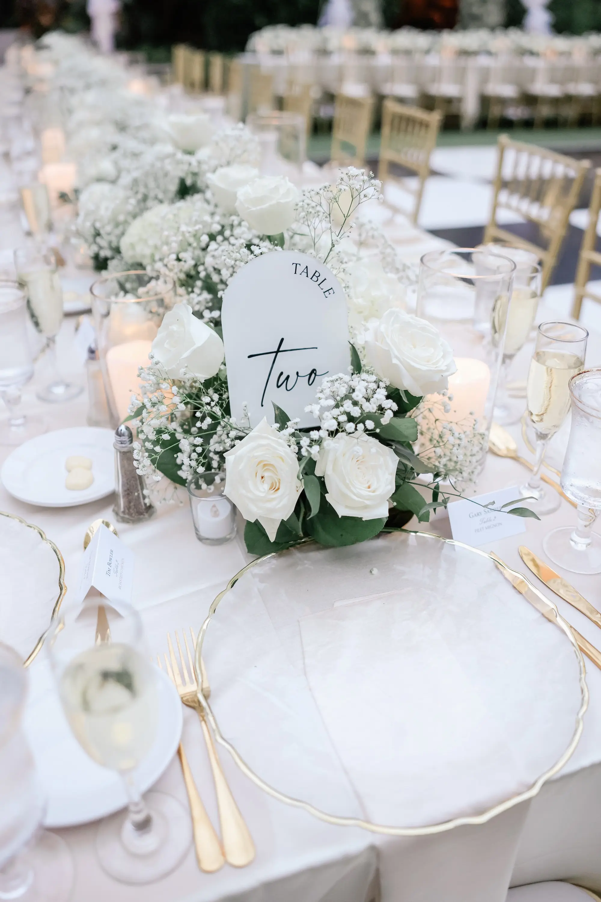 35Elegant Timeless Ivory and Green Garden Wedding - “Best Of” 2025: Wedding Receptions Part 2 Long Wedding Reception Table with White Linens and Gold Chiavari Chairs Inspiration | Clear Chargers with Gold Rims and Gold Flatware Ideas | White Roses and Baby's Breath Wedding Reception Decor Centerpiece Garland Inspiration | White Acrylic Table Number Ideas | Tampa Bay Rentals Fiesta Solutions Event Rentals | Caterer Amici's Catered Cuisine