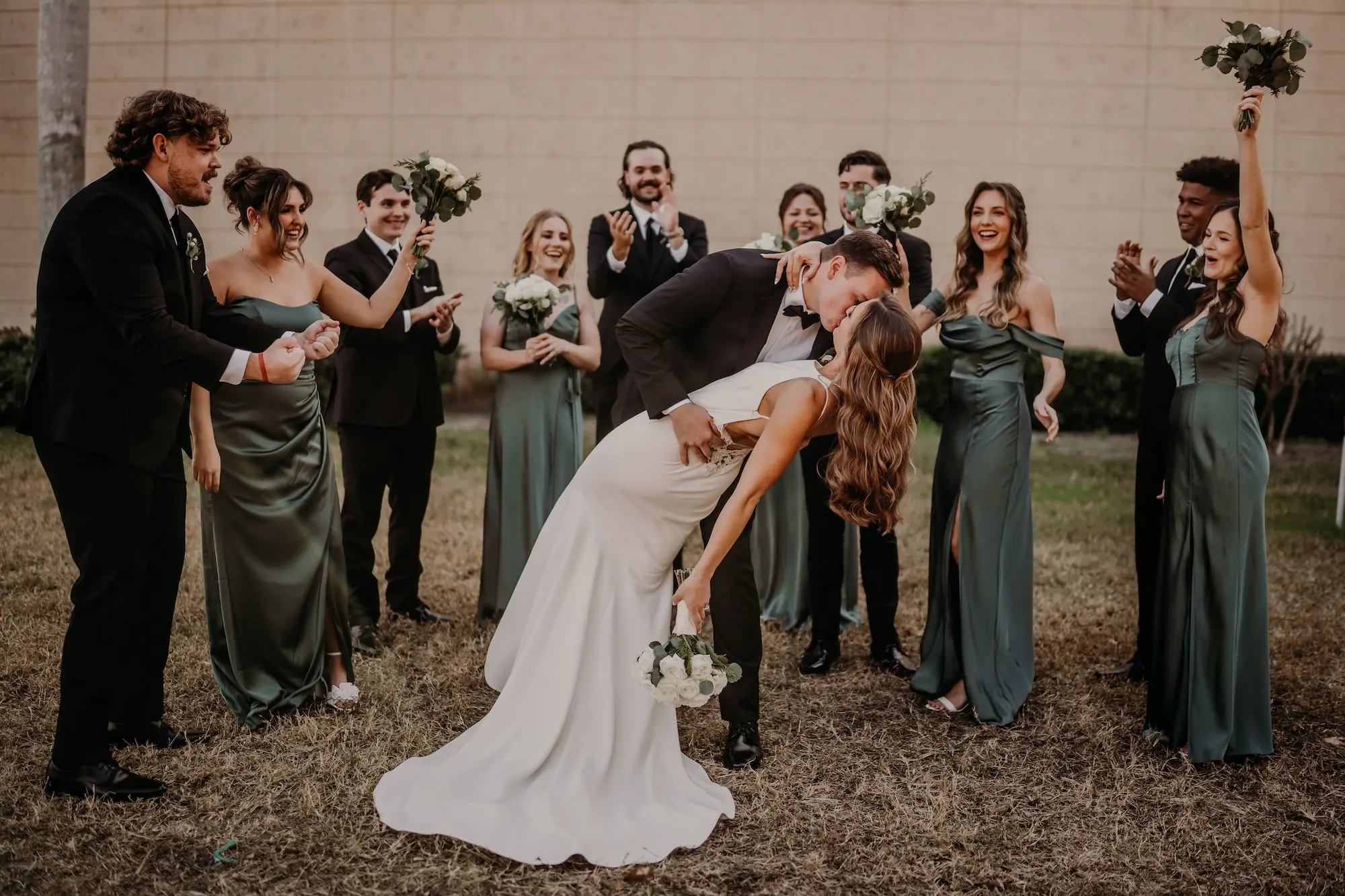 Bride and Groom With Wedding Party | Green Satin Mismatched Bridesmaids Dress Ideas