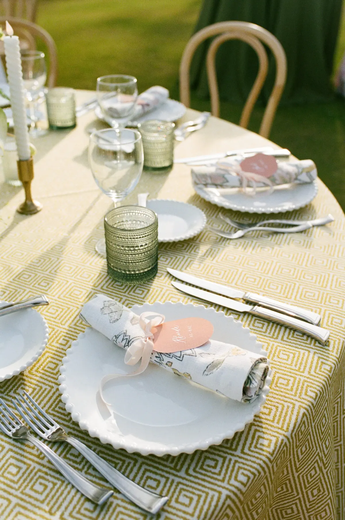 Luxurious Peach and Green Garden Wedding Reception Place Setting Decor Inspiration