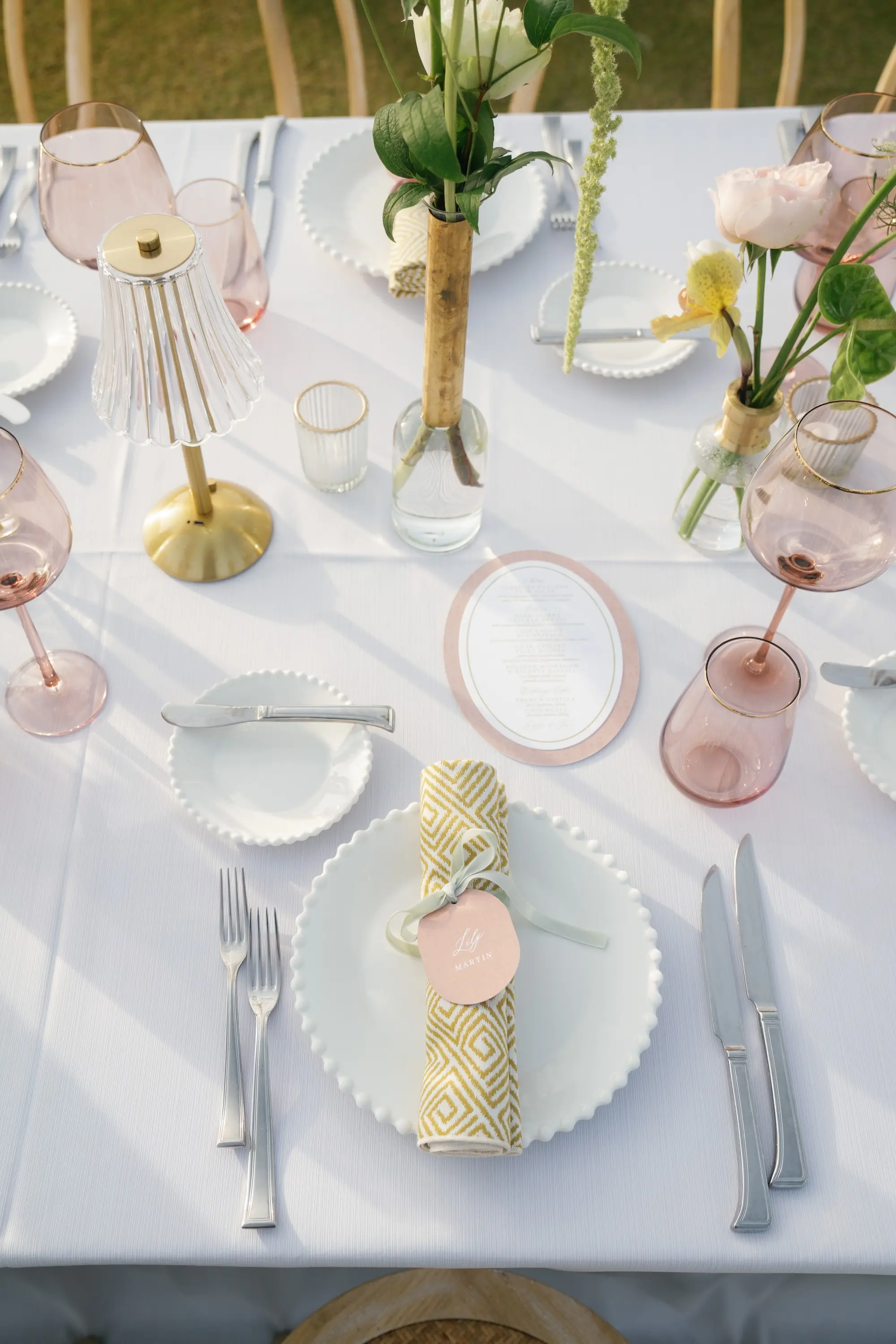 Luxurious Peach and Green Garden Wedding Reception Place Setting Decor Inspiration