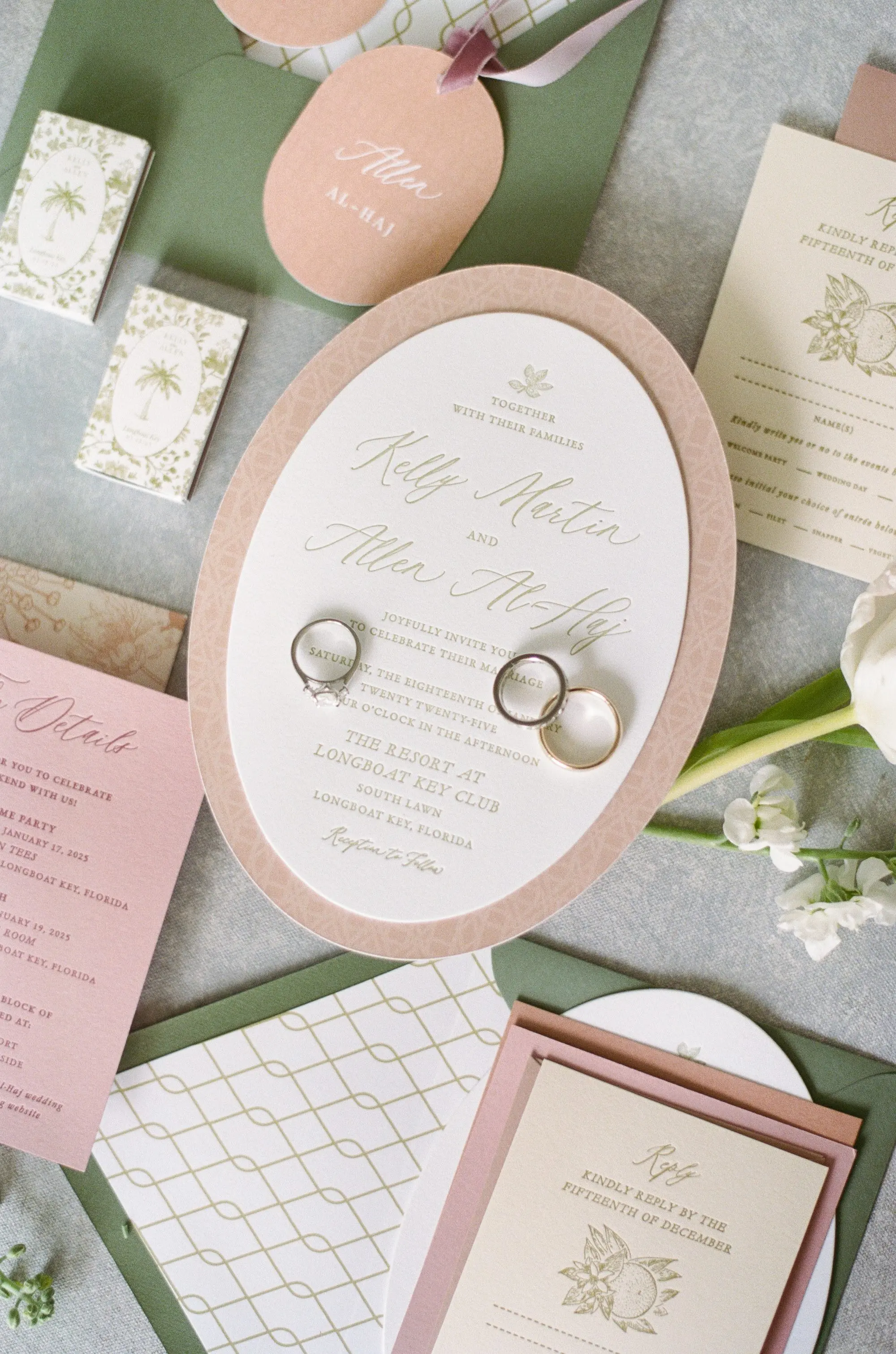 Luxurious Peach and Green Wedding Invitation Suite Ideas