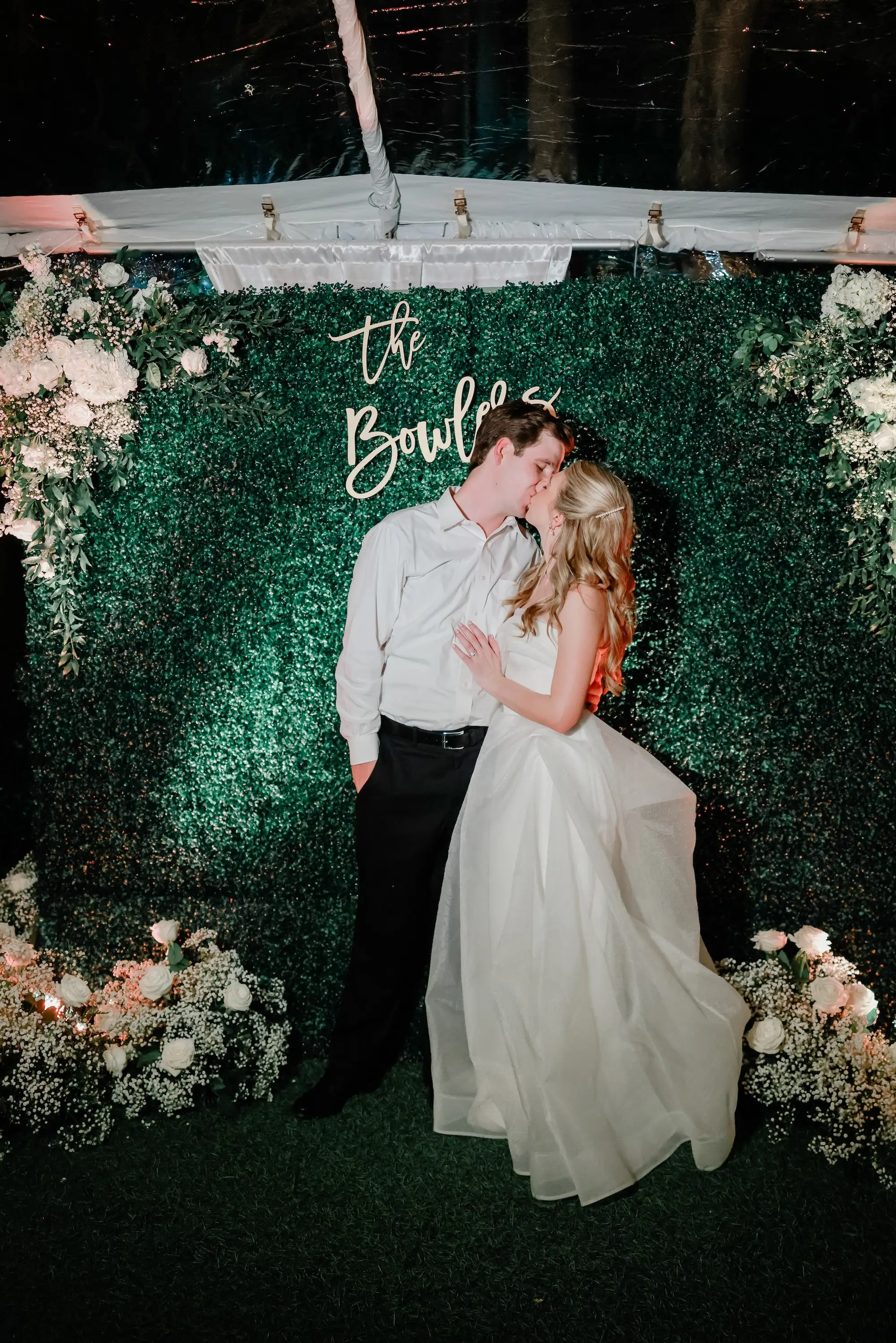 40Elegant Timeless Ivory and Green Garden Wedding - Romantic Outdoor St. Pete Wedding | Sunken Gardens Bride and Groom Wedding Reception Portrait in Front of Greener Hedge Wall Inspiration | White Roses with Baby's Breath Wedding Reception Floral Decor Ideas | Soft, Natural Half Up Half Down Curls Bridal Hair Inspiration | Sarasota Hair and Makeup Artist Femme Akoi Beauty Studio | St Pete Photographer Lifelong Photography Studio