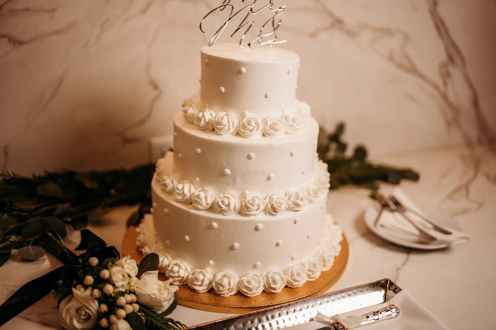 Three-Tiered White Round Dot Wedding Cake Inspiration