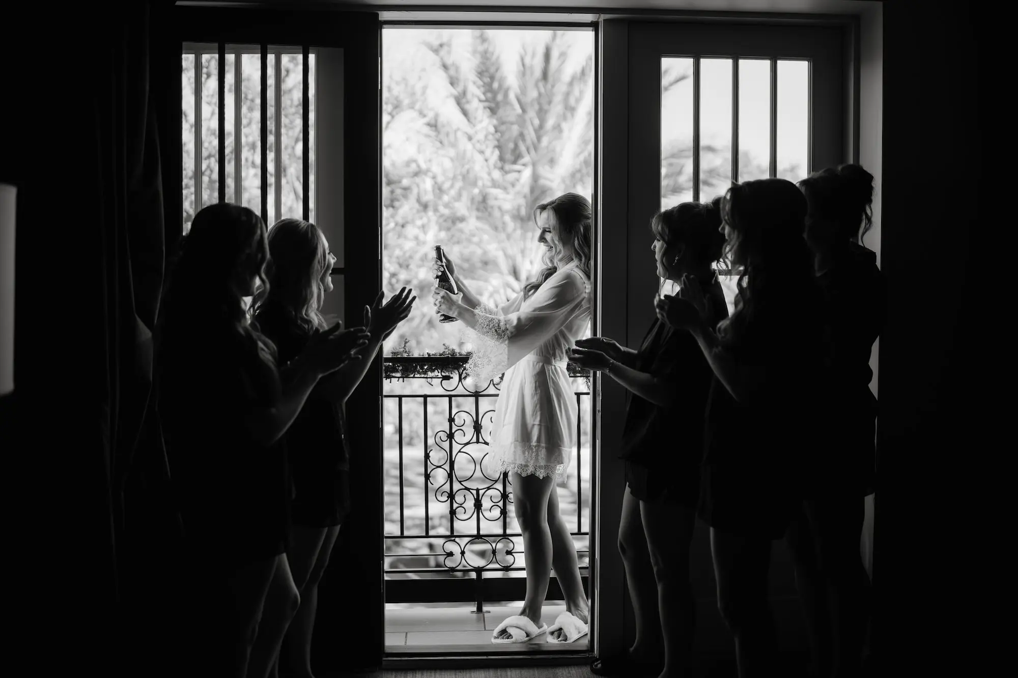 Bride and Bridemsiads Champagne Celebration Wedding Portrait