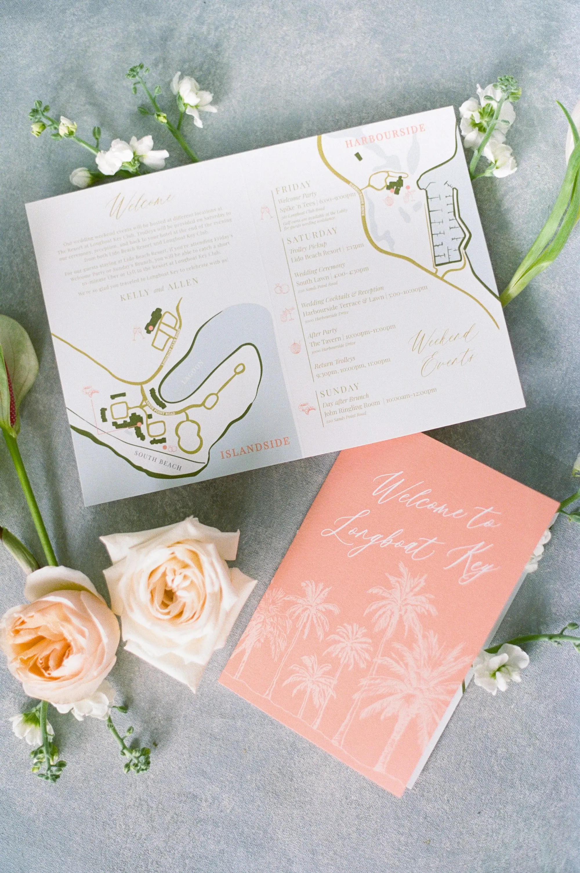 Luxurious Peach and Green Wedding Weekend Program Ideas