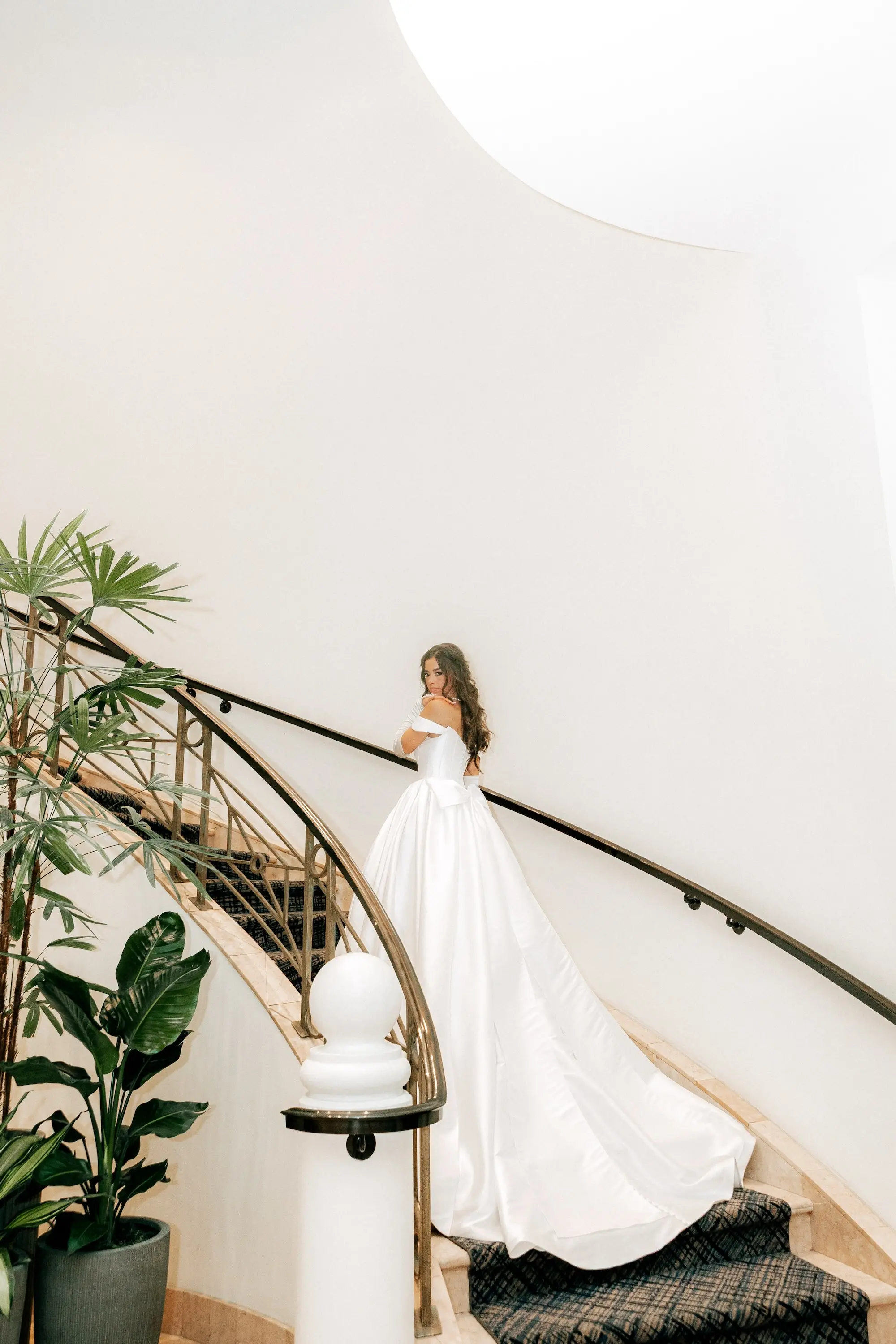 7Classic Gold and White Wedding Decor Inspiration - Classic, Ivory Rooftop Wedding | Grand Hyatt Tampa Bay Bride Wedding Portrait | White Off-the-Shoulder Ballgown Essense of Australia Wedding Gown with Fitted Bodice Scoop Neck and Long Train Inspiration