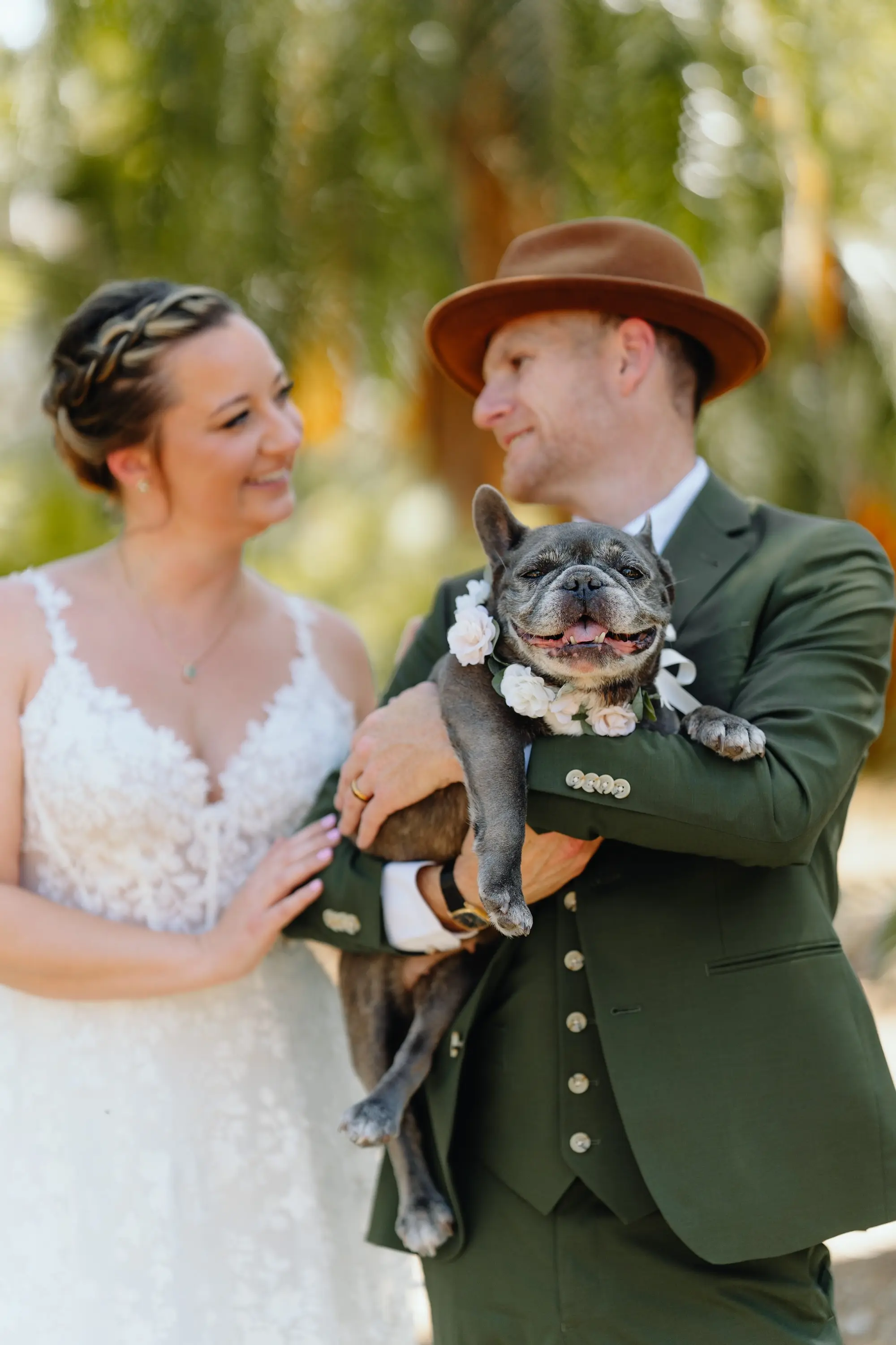 13 2Colorful Pink Yellow Orange Florida Wedding Inspiration - Whimsical, Colorful Outdoor Wedding | St. Pete Shuffleboard Club Bride and Groom with Dog Wedding Portrait | Tampa Bay FairyTail Pet Care
