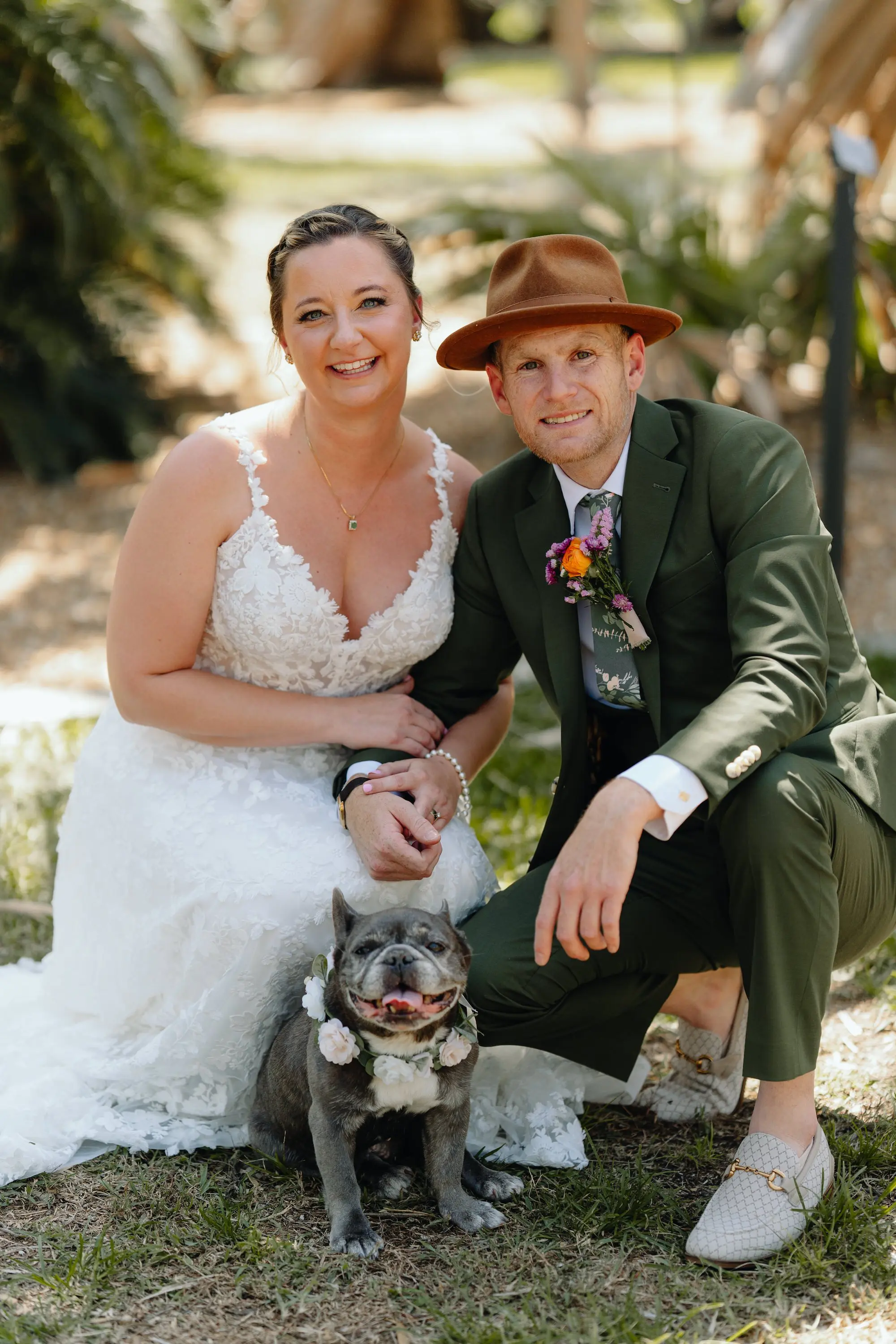 13 3Colorful Pink Yellow Orange Florida Wedding Inspiration - Whimsical, Colorful Outdoor Wedding | St. Pete Shuffleboard Club Bride and Groom with Dog Wedding Portrait | Tampa Bay FairyTail Pet Care
