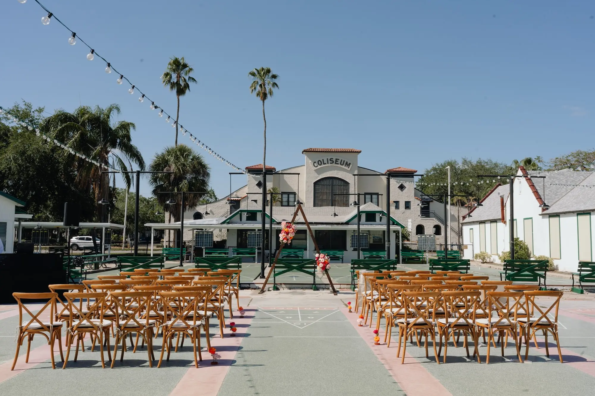 13Colorful Pink Yellow Orange Florida Wedding Inspiration St Petersburg Venue Shuffleboard Club - Whimsical, Colorful Outdoor Wedding | St. Pete Shuffleboard Club Colorful Pink, Yellow, and Orange Florida Wedding Ceremony Decor Inspiration | St Pete Event Venue Shuffleboard Club | Planner Wilder Mind Events