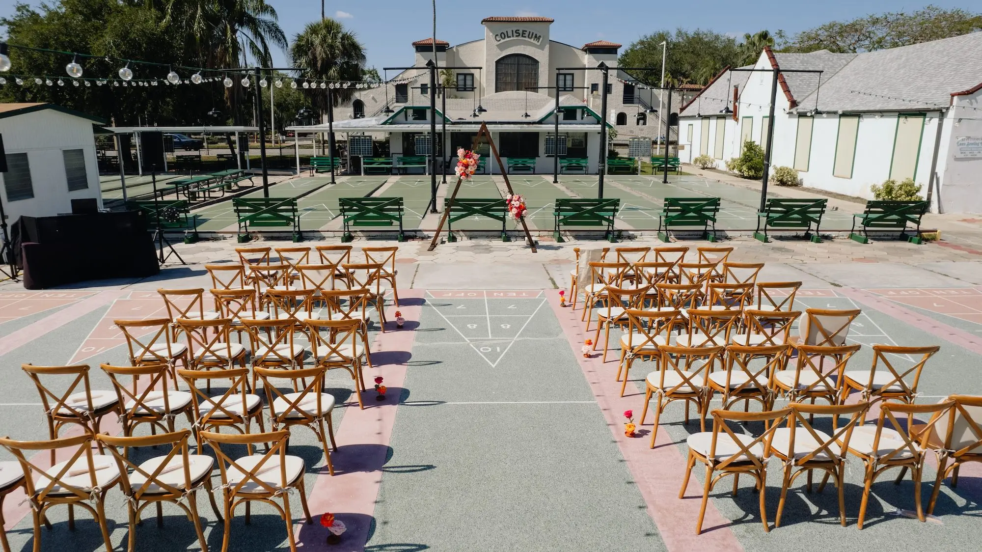 17Colorful Pink Yellow Orange Florida Wedding Inspiration St Petersburg Venue Shuffleboard Club - Whimsical, Colorful Outdoor Wedding | St. Pete Shuffleboard Club Colorful Pink, Yellow, and Orange Florida Wedding Ceremony Decor Inspiration | St Pete Event Venue Shuffleboard Club | Planner Wilder Mind Events | Tampa Bay Content Creator Behind The Vows