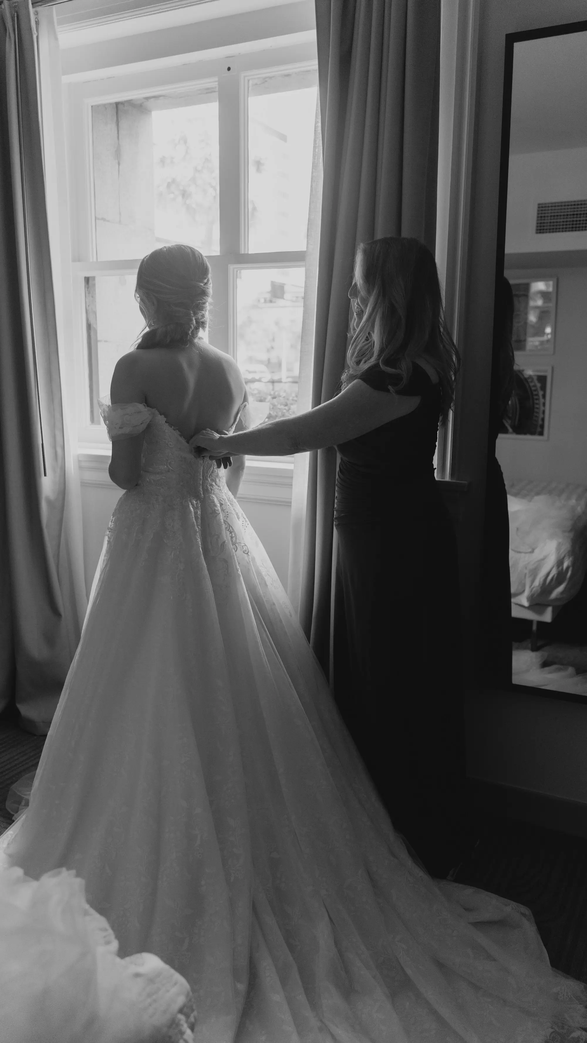 1Classic White Wedding Decor Ideas - “Best Of” 2025: Wedding Portraits Bride and Mother Getting Ready Wedding Portrait