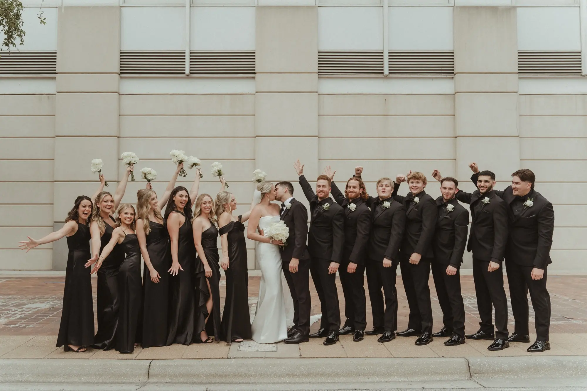 Bride and Groom with Wedding Party | Black Tie Bridal Party Wedding Attire Ideas