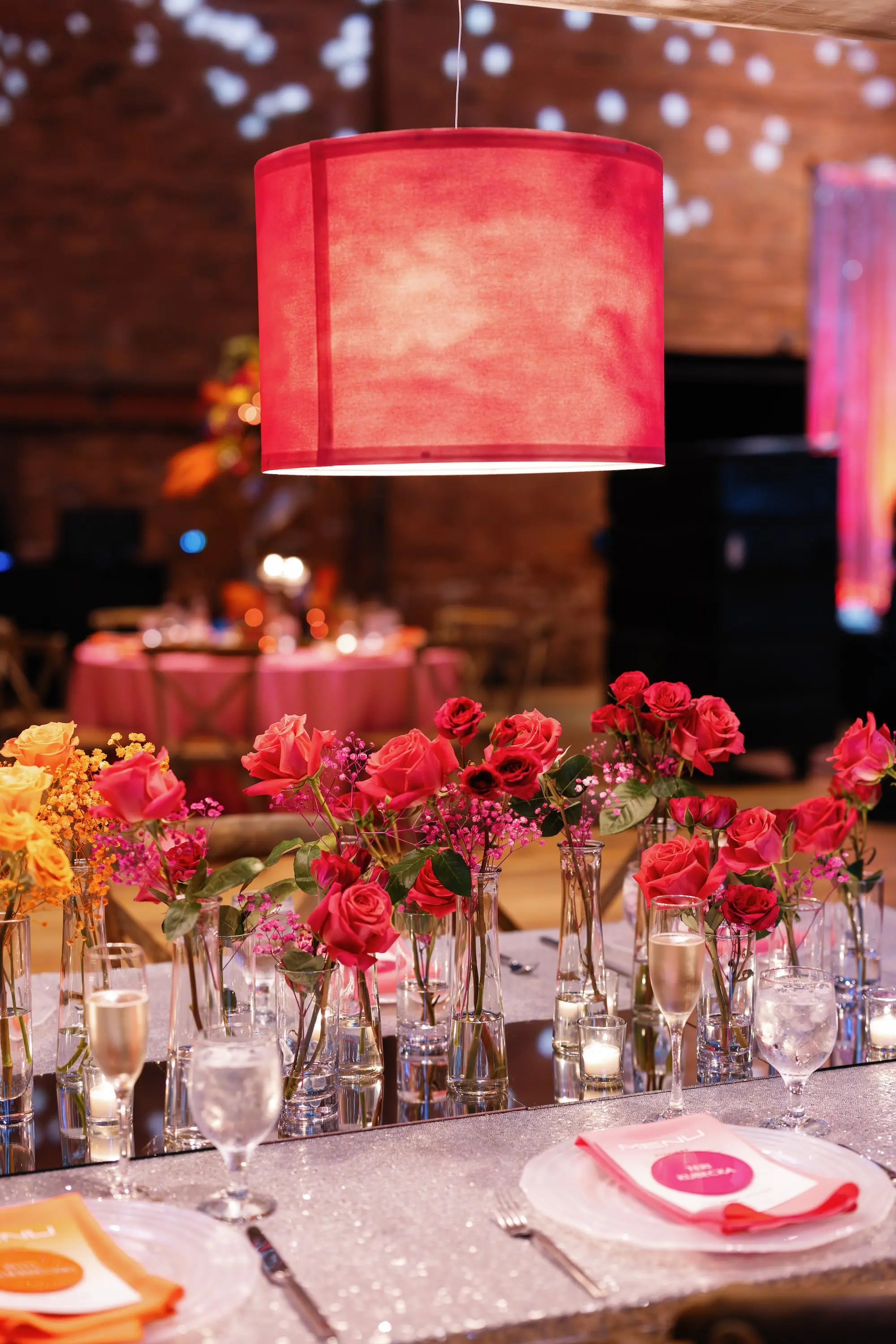 28Whimsical Rainbow Inspired Wedding Ideas - “Best Of” 2025: Wedding Receptions Part 2 Bright Colorful Rainbow Wedding Reception Long Table Decor Inspiration | Silver Sequined Table Cloth Ideas | Red, Orange, Yellow, Green, Blue, Indigo, Violet Flower Centerpiece Bud Vase Arrangement Decor Inspiration | Bold Rainbow Lighting Lamp Table Decor Ideas | Tabletop Rentals A Chair Affair | Over The Top Rental Linens | Event Planner Unique Weddings and Events