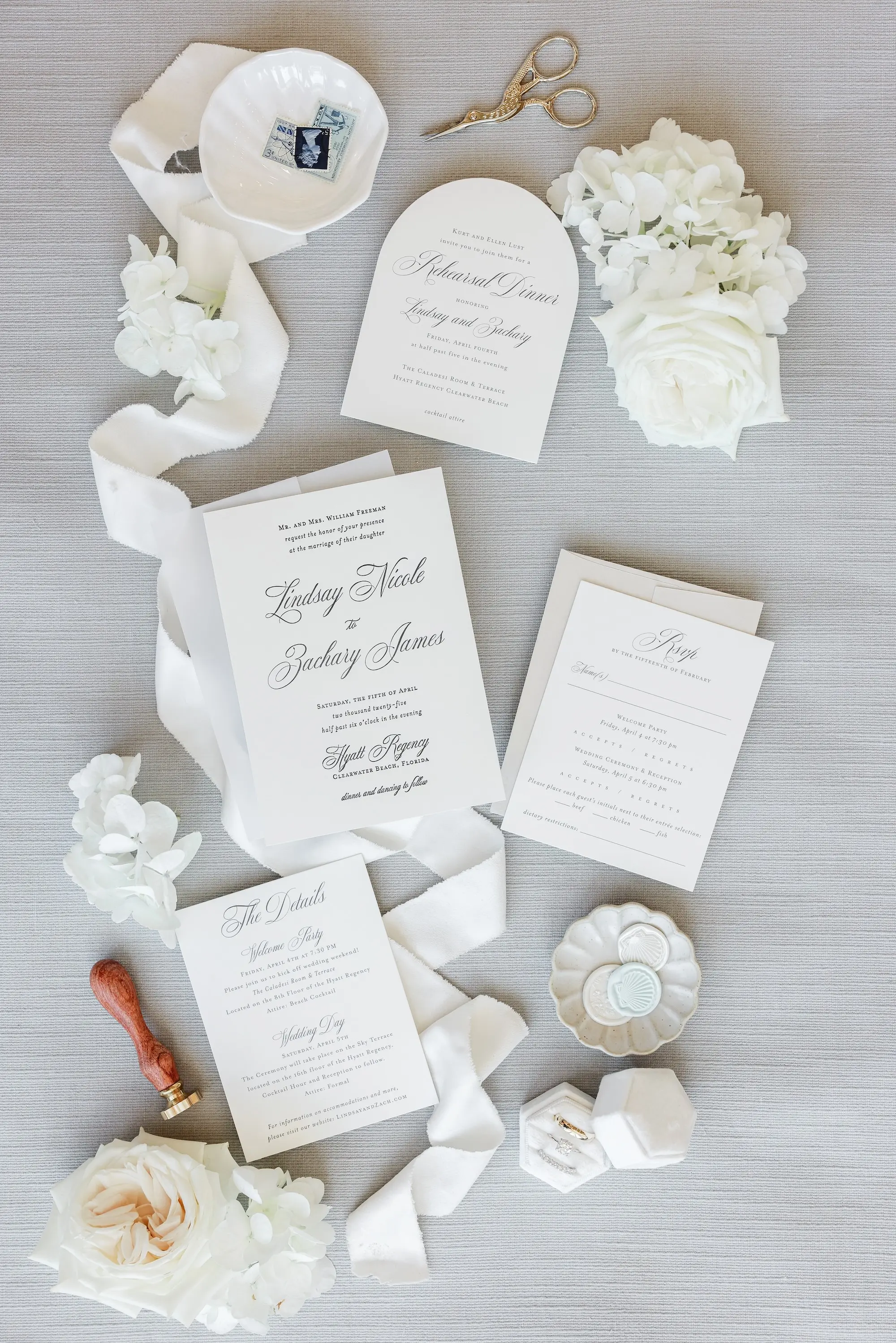 2Classic White Florida Wedding Ideas - Classic, White Rooftop Wedding | Hyatt Regency Clearwater Beach Elegant White Wedding Invitation Suite Inspiration | Tampa Bay Planner Planner Coastal Coordinating