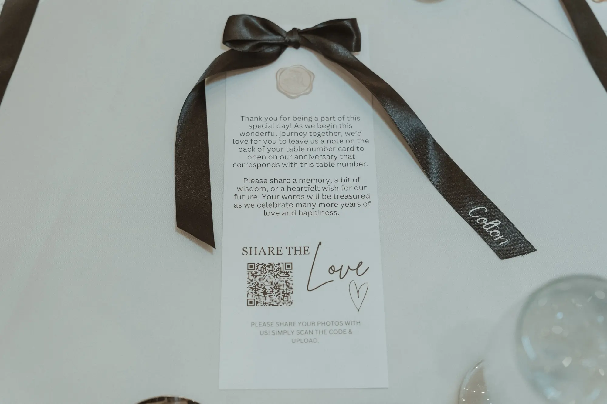 35Sophiscated Black and White Wedding Inspiration - “Best Of” 2025: Wedding Receptions Part 2 Modern Chic Black and White Thank You Card with Black Satin Bow Wedding Reception Decor Inspiration