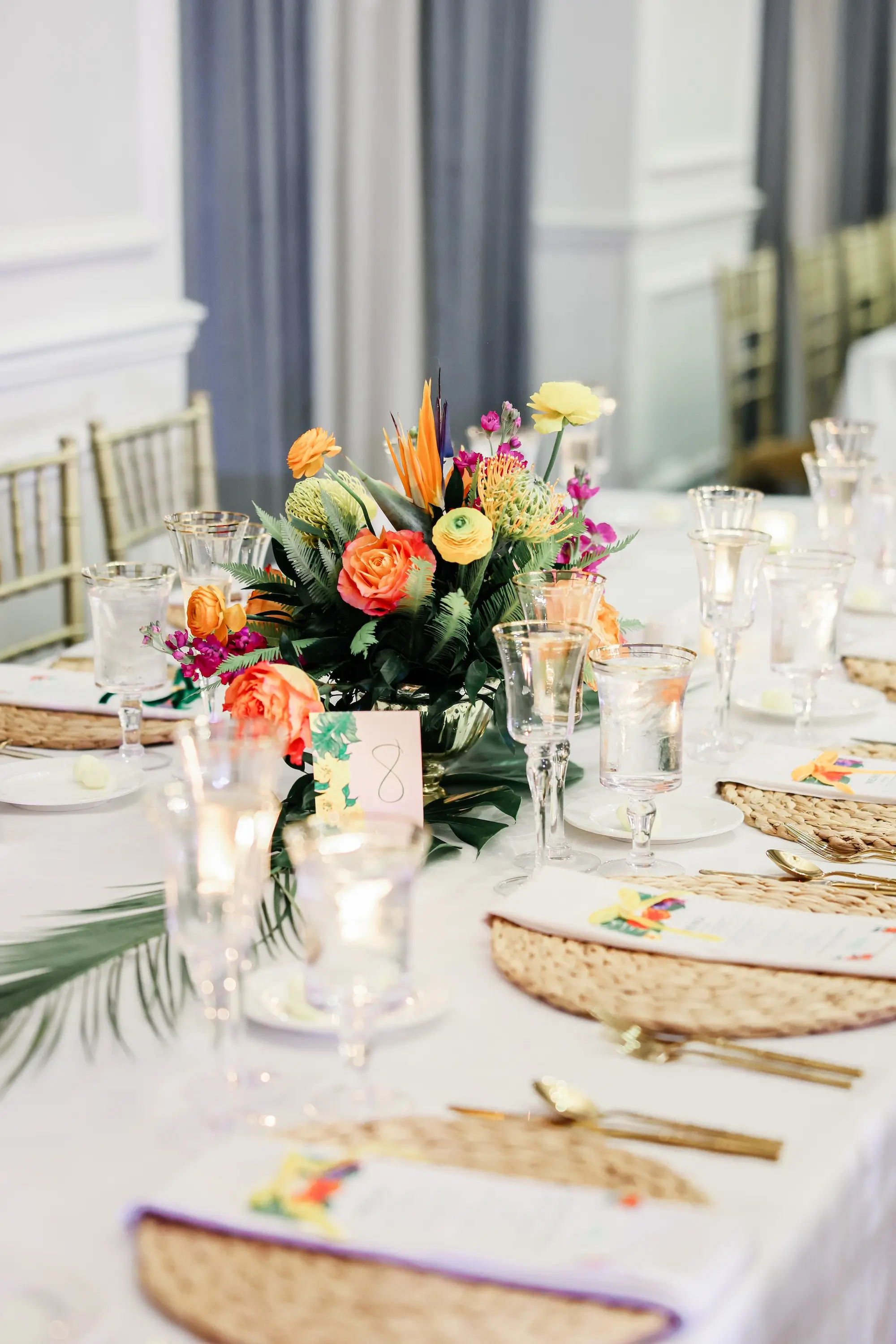 Luxurious Vibrant Tropical Florida Wedding Reception Centerpiece Decor Ideas | St Pete Florist Beneva Flowers | Tampa Bay Kate Ryan Event Rentals