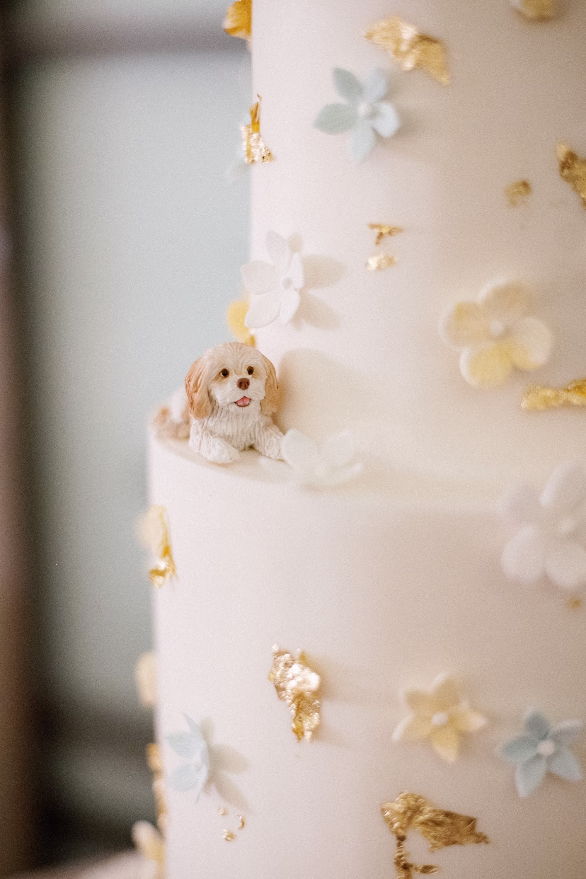 Round White Whimsical Three-Tiered Wedding Cake with Dog Inspiration