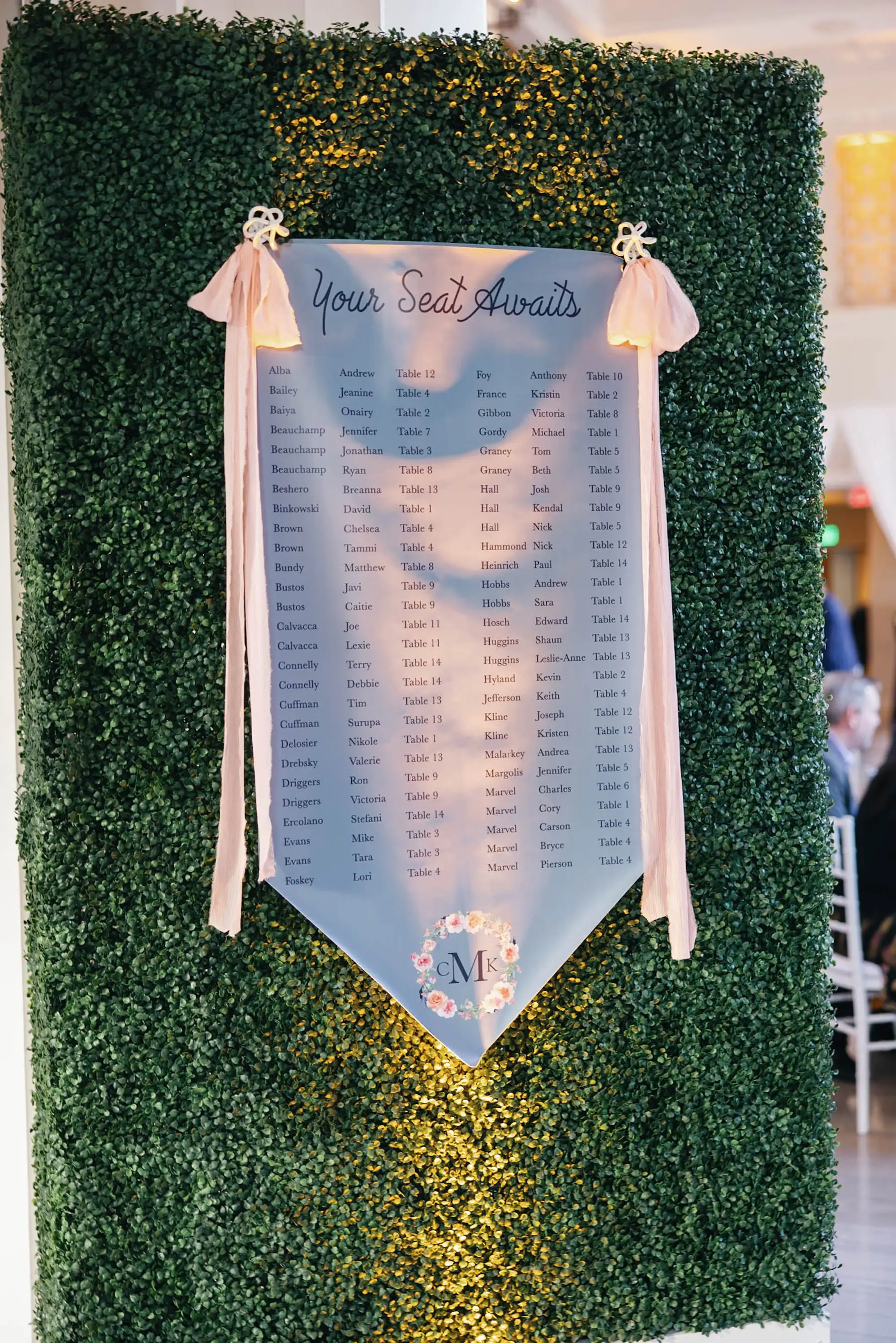 43European Inspired Blue and Green Wedding Inspiration - “Best Of” 2025: Wedding Receptions Part 2 European Inspired Wedding Reception Seating Chart Greenery Ivy Hedge Wall Decor Ideas | Light Blue Romantic Pennant Style Seating Chart Sign with Light Pink Bows Inspiration | Tampa Bay Kate Ryan Event Rentals