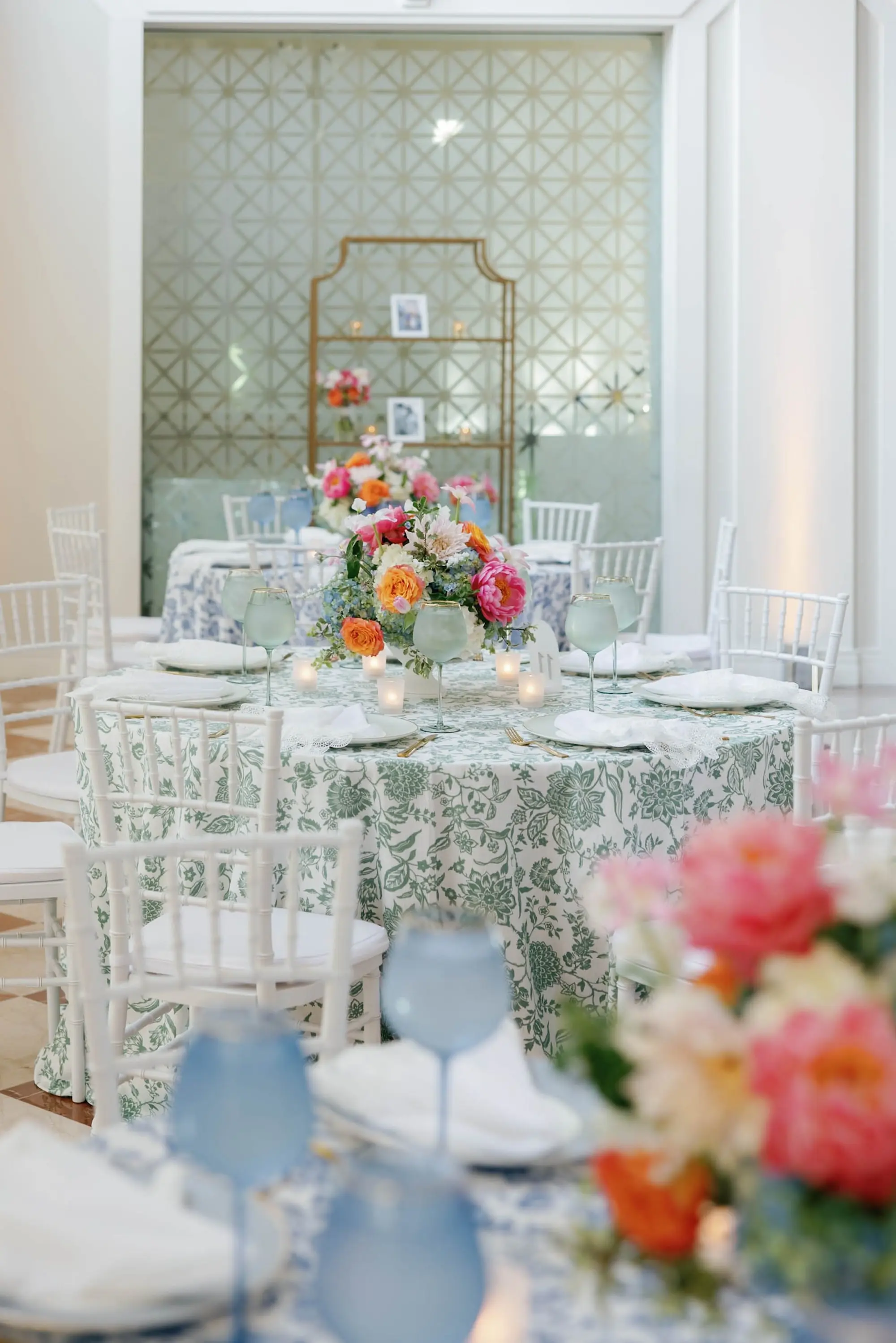 46European Inspired Blue and Green Wedding Inspiration - “Best Of” 2025: Wedding Receptions Part 2 European Inspired Blue and Green Wedding Reception Tabletop Decor Ideas | Floral Detailed Green and Blue Tablecloths Inspiration | White Chiavari Wedding Reception Chairs Ideas | Florist Monarch Events and Design | Kate Ryan Event Rentals