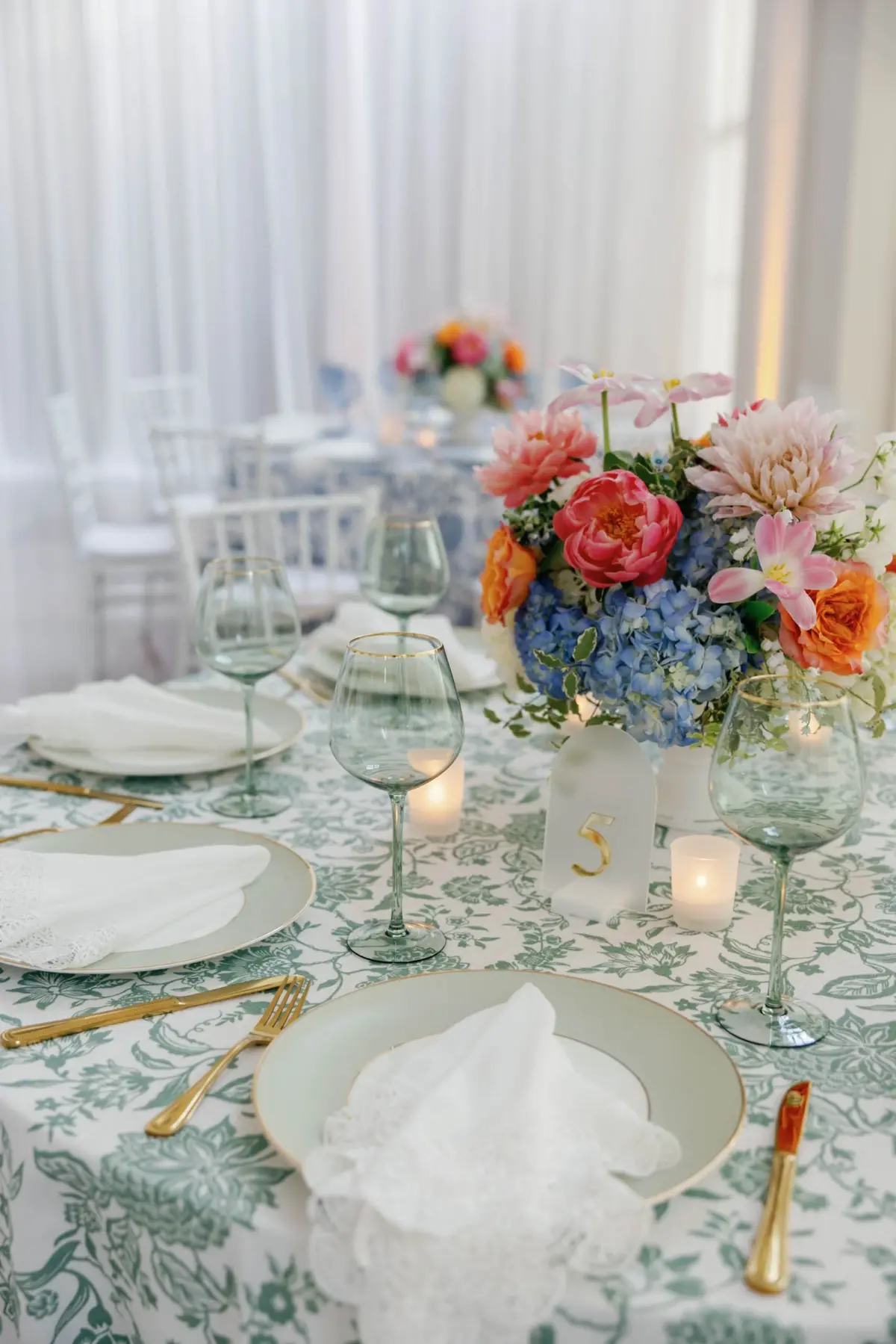 European Inspired Blue and Green Wedding Reception Place Setting Decor Ideas