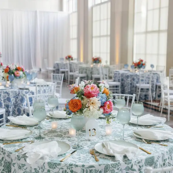 European Inspired Blue and Green Wedding Reception Decor Ideas | Pink, Orange, White, and Blue Flowers | Tampa Bay Florist Monarch Events and Design | Venue The Vault