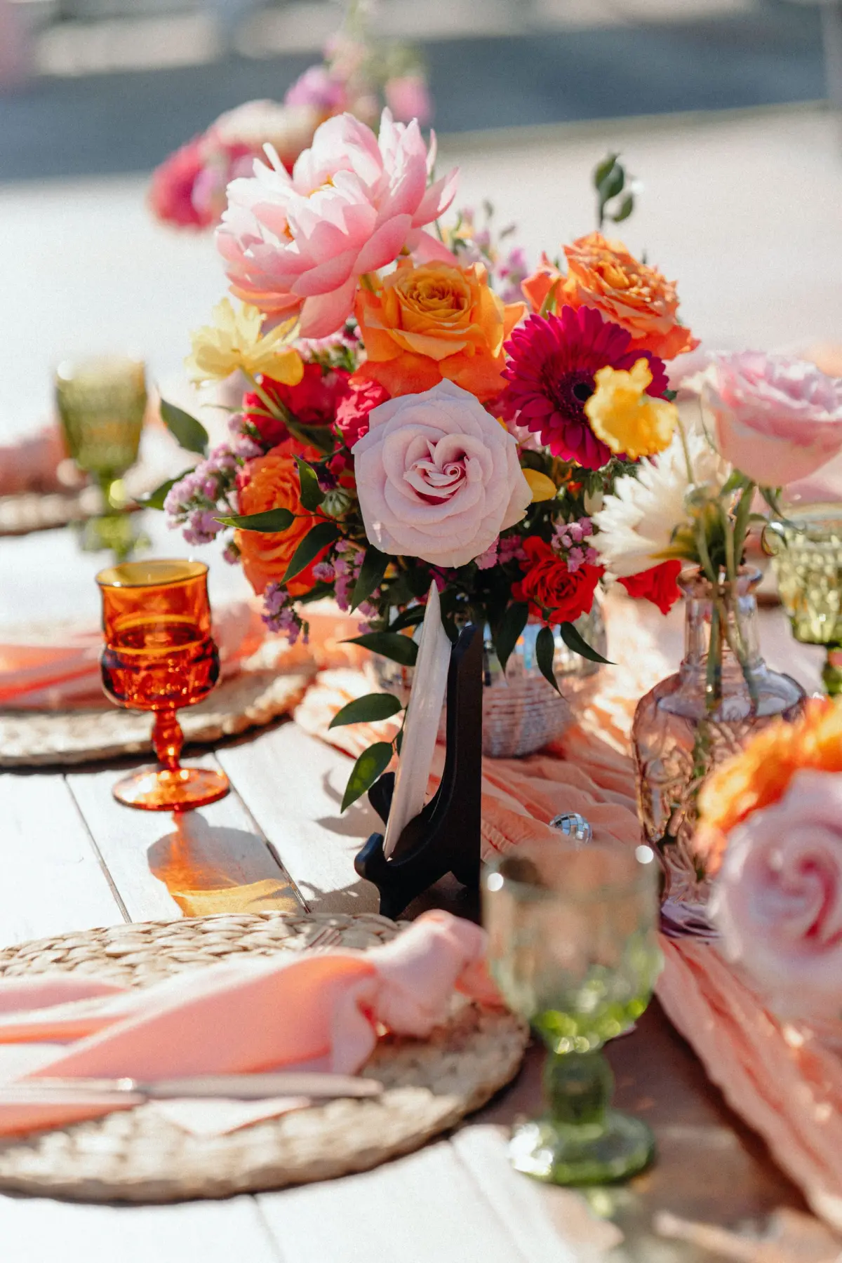 56Colorful Pink Yellow Orange Florida Wedding Inspiration - Whimsical, Colorful Outdoor Wedding | St. Pete Shuffleboard Club Colorful Pink, Yellow, and Orange Spring Florida Wedding Reception Centerpiece Decor Ideas
