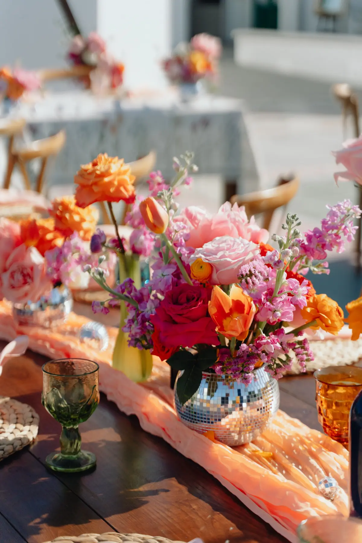 58Colorful Pink Yellow Orange Florida Wedding Inspiration - Whimsical, Colorful Outdoor Wedding | St. Pete Shuffleboard Club Colorful Pink, Yellow, and Orange Spring Florida Wedding Reception Centerpiece Decor Ideas