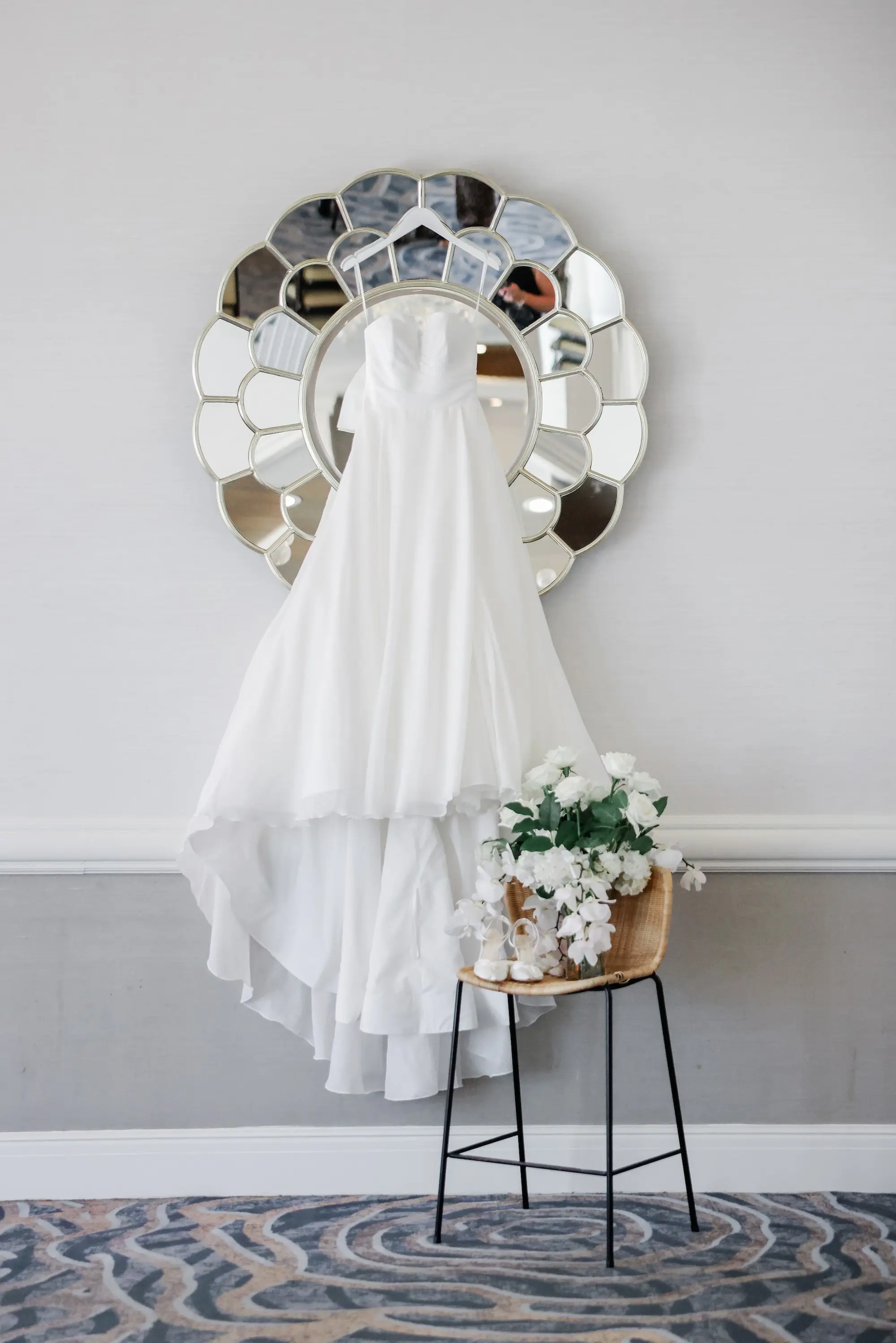 5Classic White Florida Wedding Ideas - Classic, White Rooftop Wedding | Hyatt Regency Clearwater Beach White Kelly Faetanini Modern A-Line Strapless Wedding Gown with Notch V-Neck handing from Modern Mirror Inspiration | Tampa Bay Photographer Lifelong Photography Studio