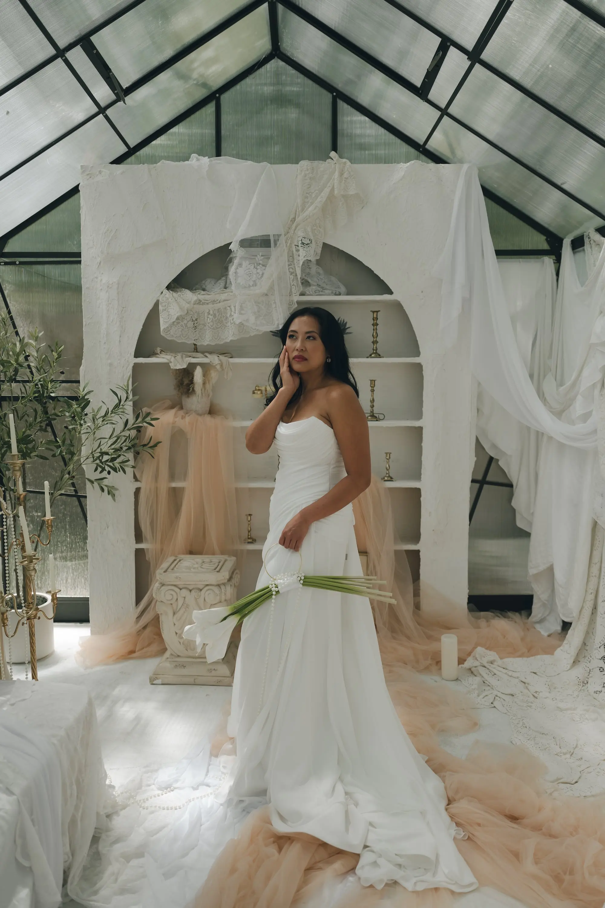 Moody Elegant Greenhouse Wedding Inspiration Calla Lily Purse Bridal Bouquet with Pearls | Tampa Photographer Amber Yonker Photography Dresses Truly Forever Bridal