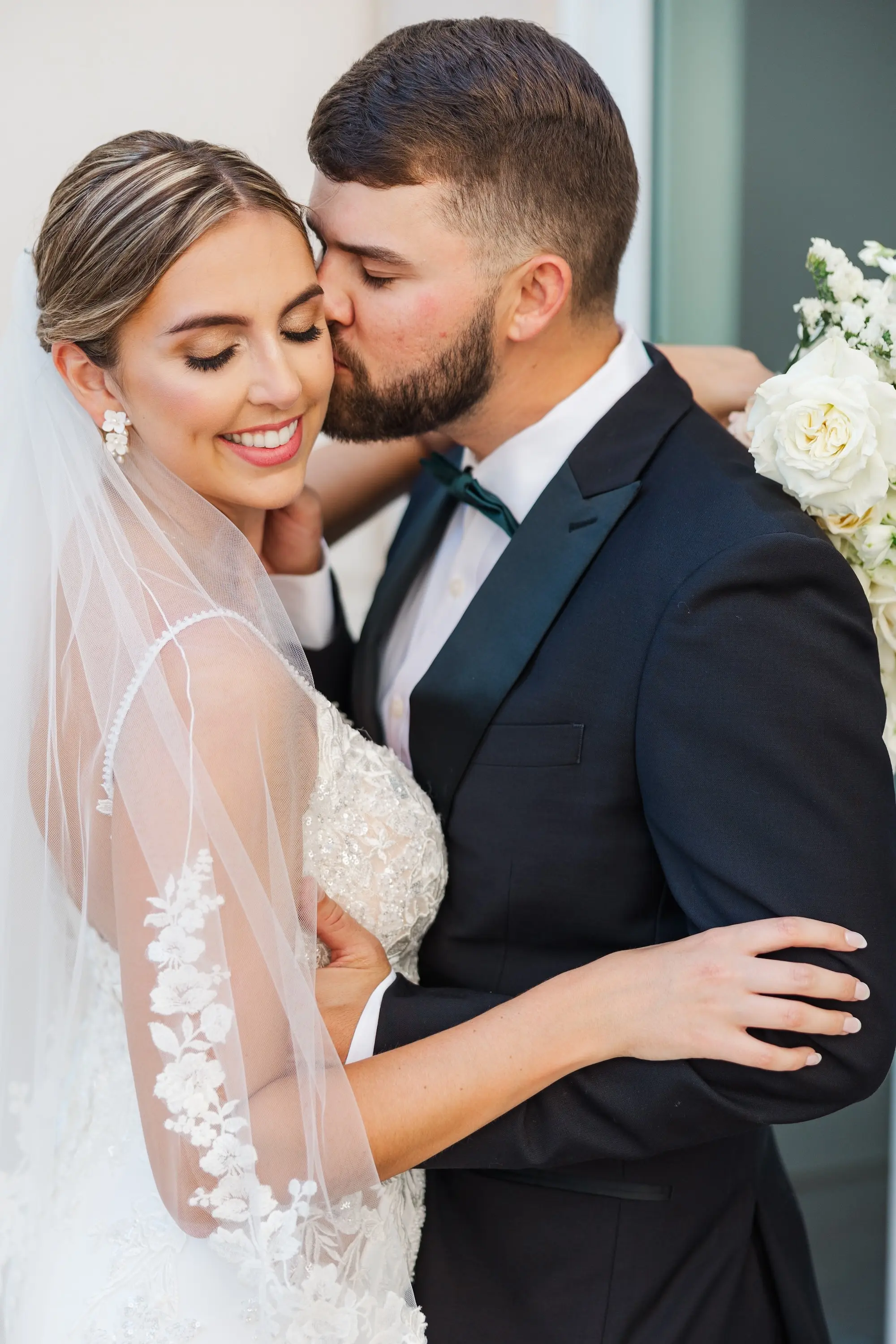 11Classic Emerald Green and Champagne Wedding Inspiration - Classic Emerald Green Downtown Tampa Wedding | Bob Buckhorn Center Bride and Groom Wedding Portrait | Slicked Back Bun Bridal Wedding Hair with Traditional Floral Detailed Veil Inspiration | Tampa Bay Photographer Mary Anna Photography