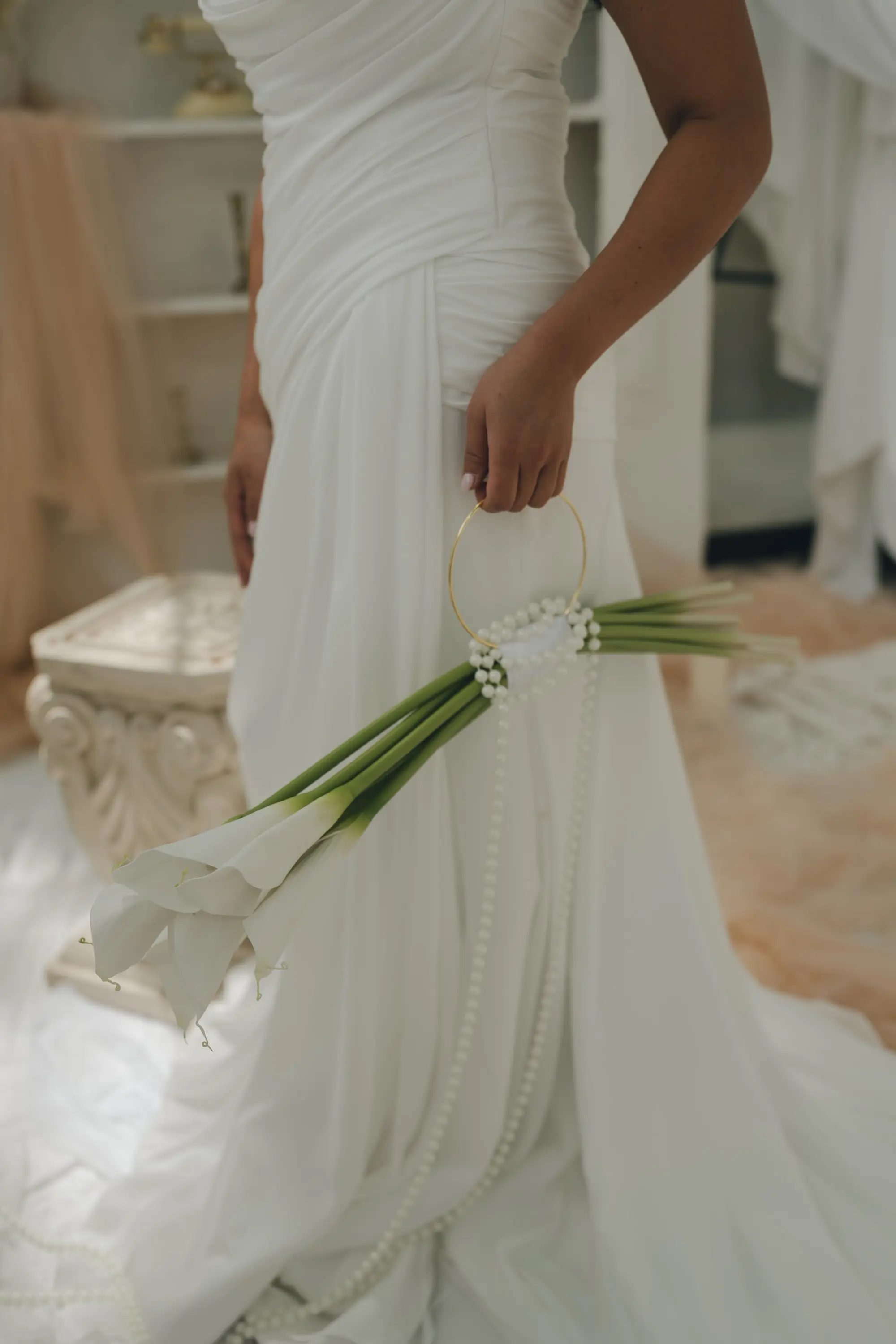 Moody Elegant Greenhouse Wedding Inspiration Cala Lily Purse Bridal Bouquet with Pearls