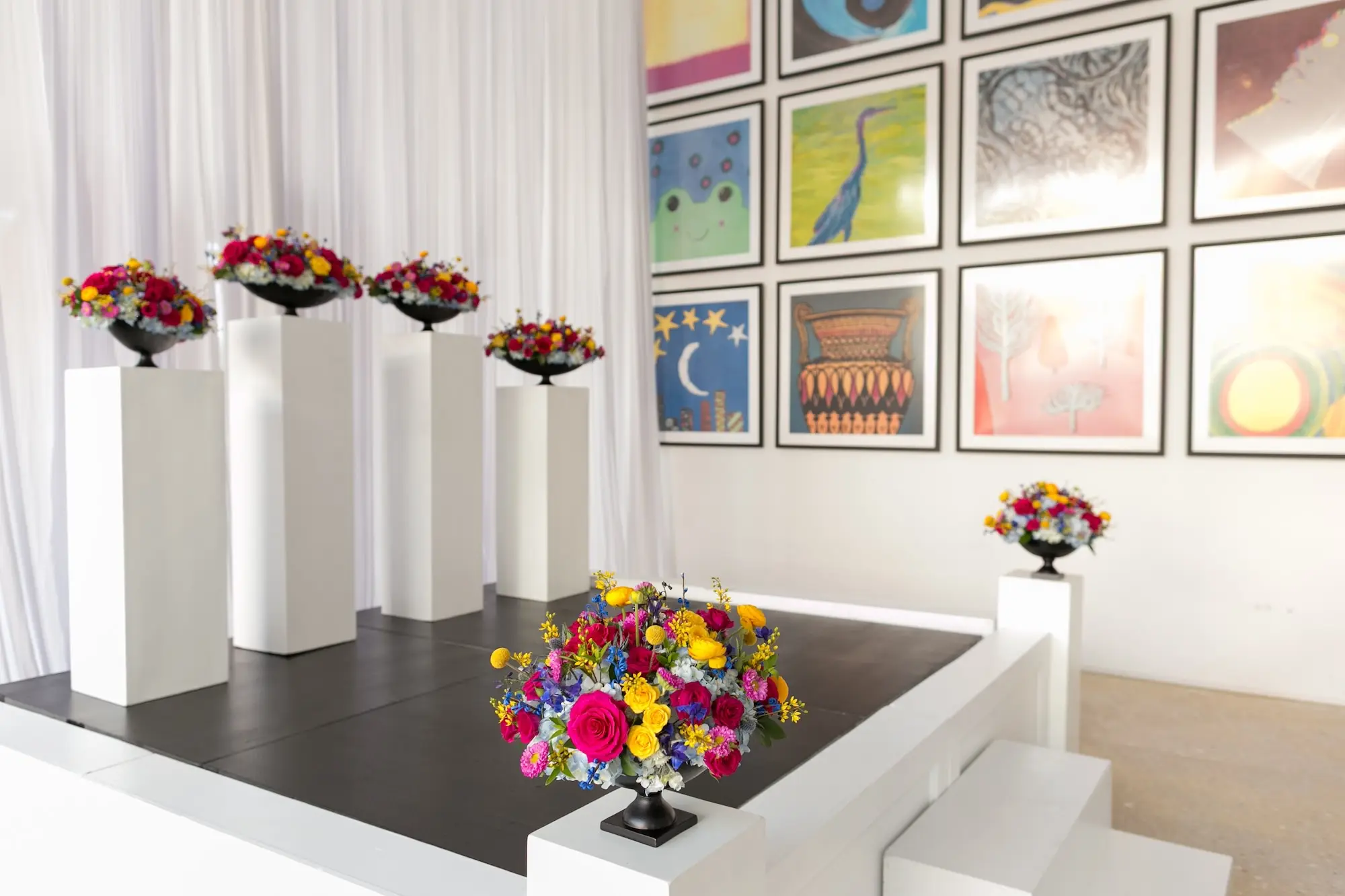 12Colorful Modern Yellow and Pink Wedding Ideas - Vibrant, Modern Gallery Wedding | Tampa Museum of Art Colorful Modern Yellow, Pink, and Blue Flowers Wedding Ceremony Altar Decor Inspiration