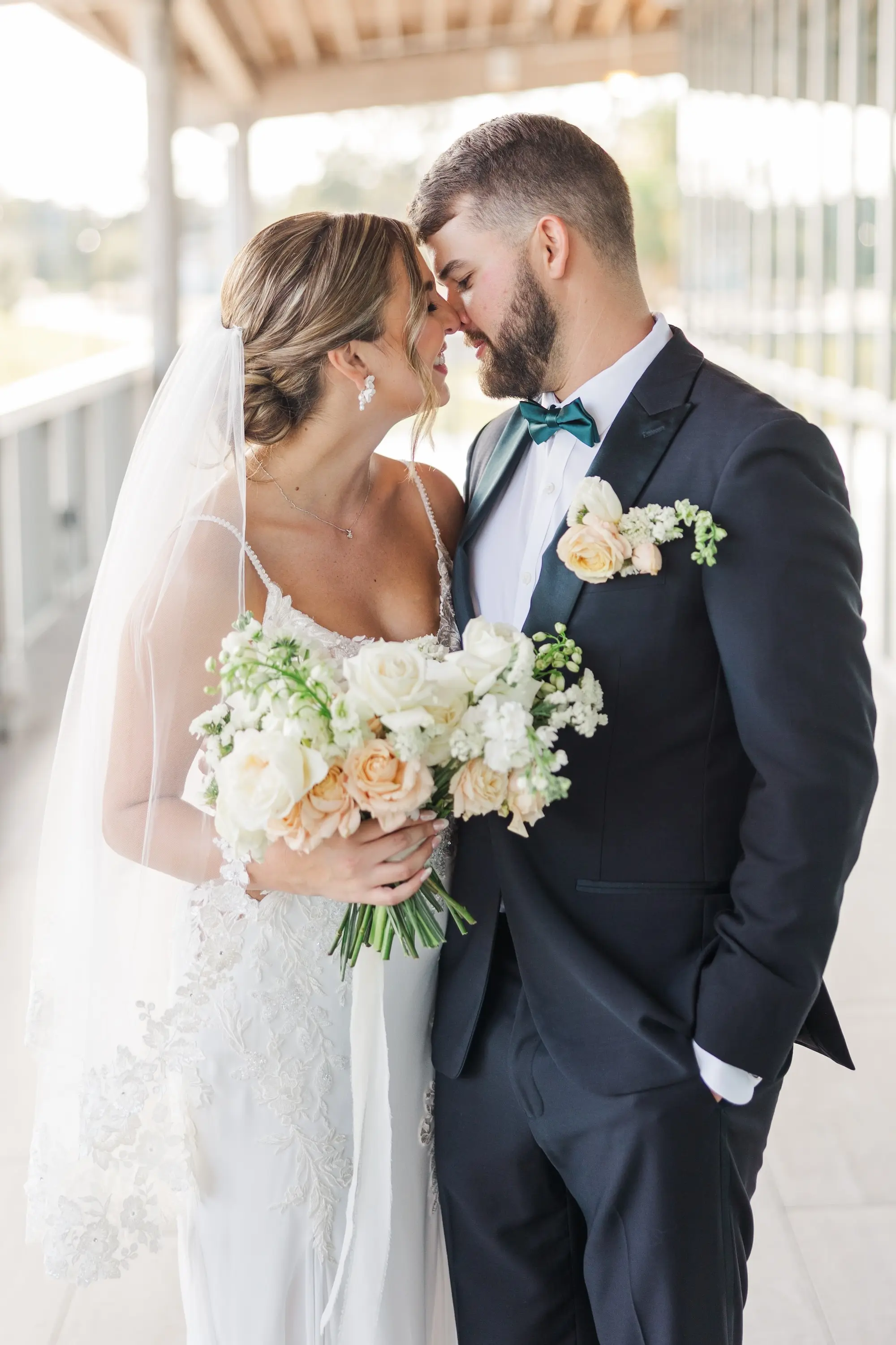 16Classic Emerald Green and Champagne Wedding Inspiration - Classic Emerald Green Downtown Tampa Wedding | Bob Buckhorn Center Bride and Groom Wedding Portrait | Short Floral Detailed Chiffon Veil Ideas | White and Champagne Roses Bridal Bouquet Inspiration | Tampa Bay Photographer Mary Anna Photography
