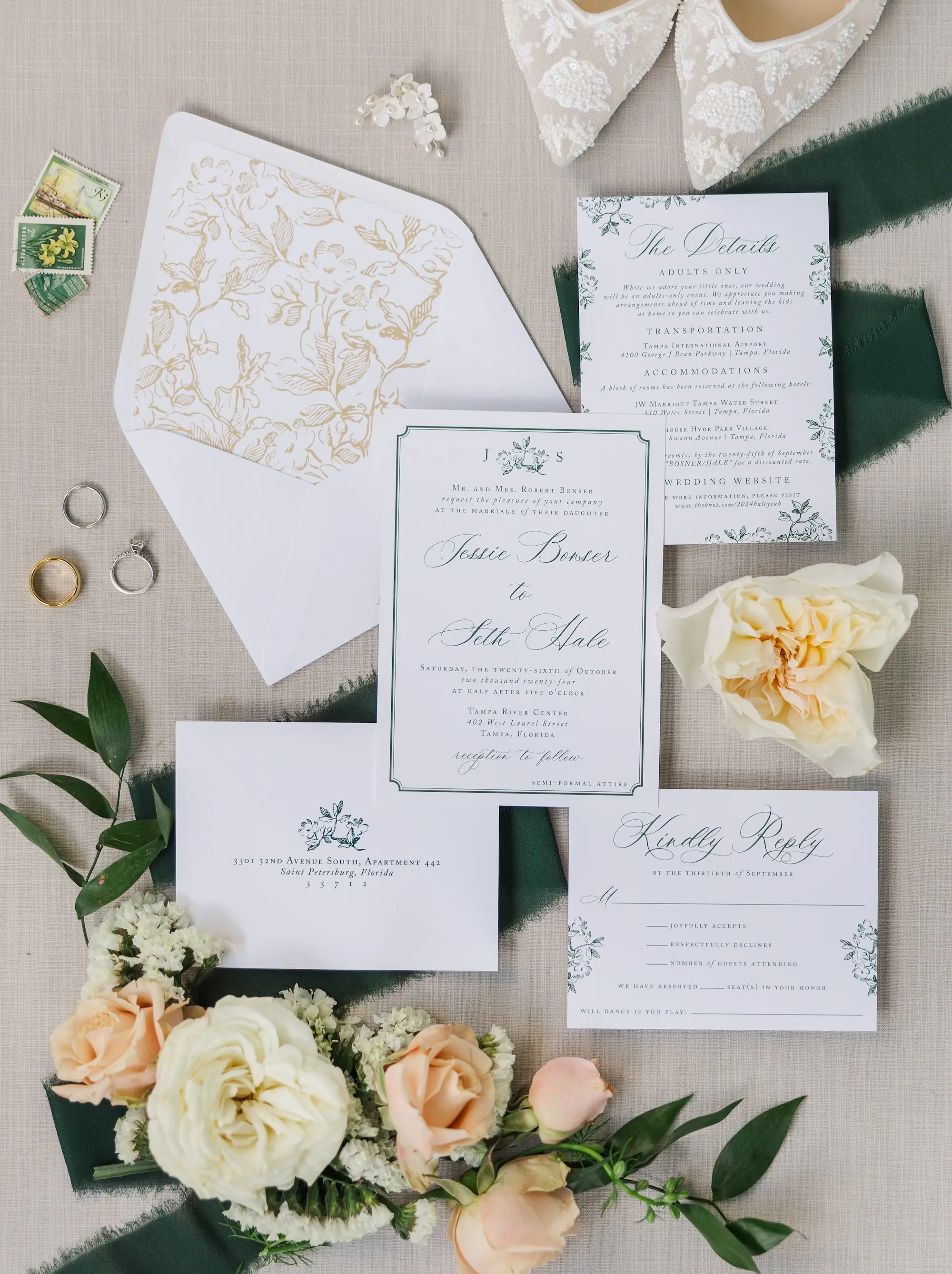 1Classic Emerald Green and Champagne Wedding Inspiration - Classic Emerald Green Downtown Tampa Wedding | Bob Buckhorn Center Classic White and Emerald Green Floral Detailed Wedding Invitation Suite Inspiration | Tampa Bay Planner Wilder Mind Events