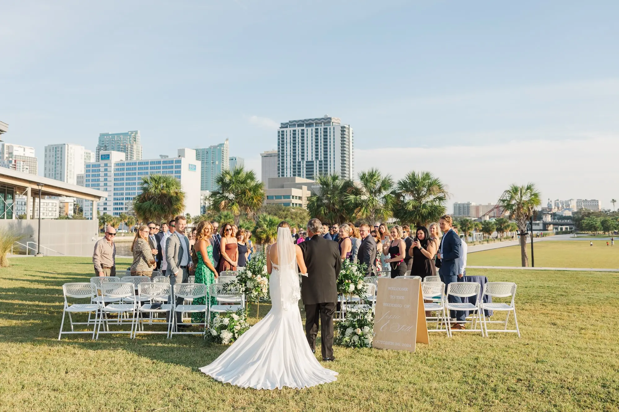 21Classic Emerald Green and Champagne Wedding Inspiration Bob Buckhorn Tampa River Center Venue - Classic Emerald Green Downtown Tampa Wedding | Bob Buckhorn Center Bride and Father Walking Down Wedding Ceremony Aisle | Florida Photographer Mary Anna Photography | Venue Tampa River Center