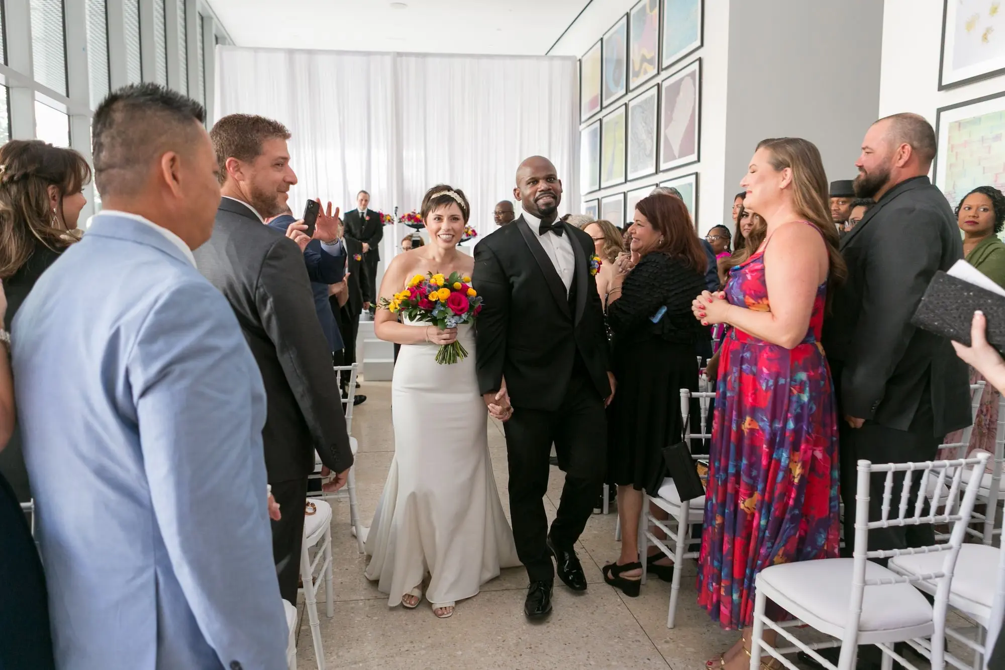 22Colorful Modern Yellow and Pink Wedding Ideas - Vibrant, Modern Gallery Wedding | Tampa Museum of Art Bride and Groom Just Married Wedding Portrait