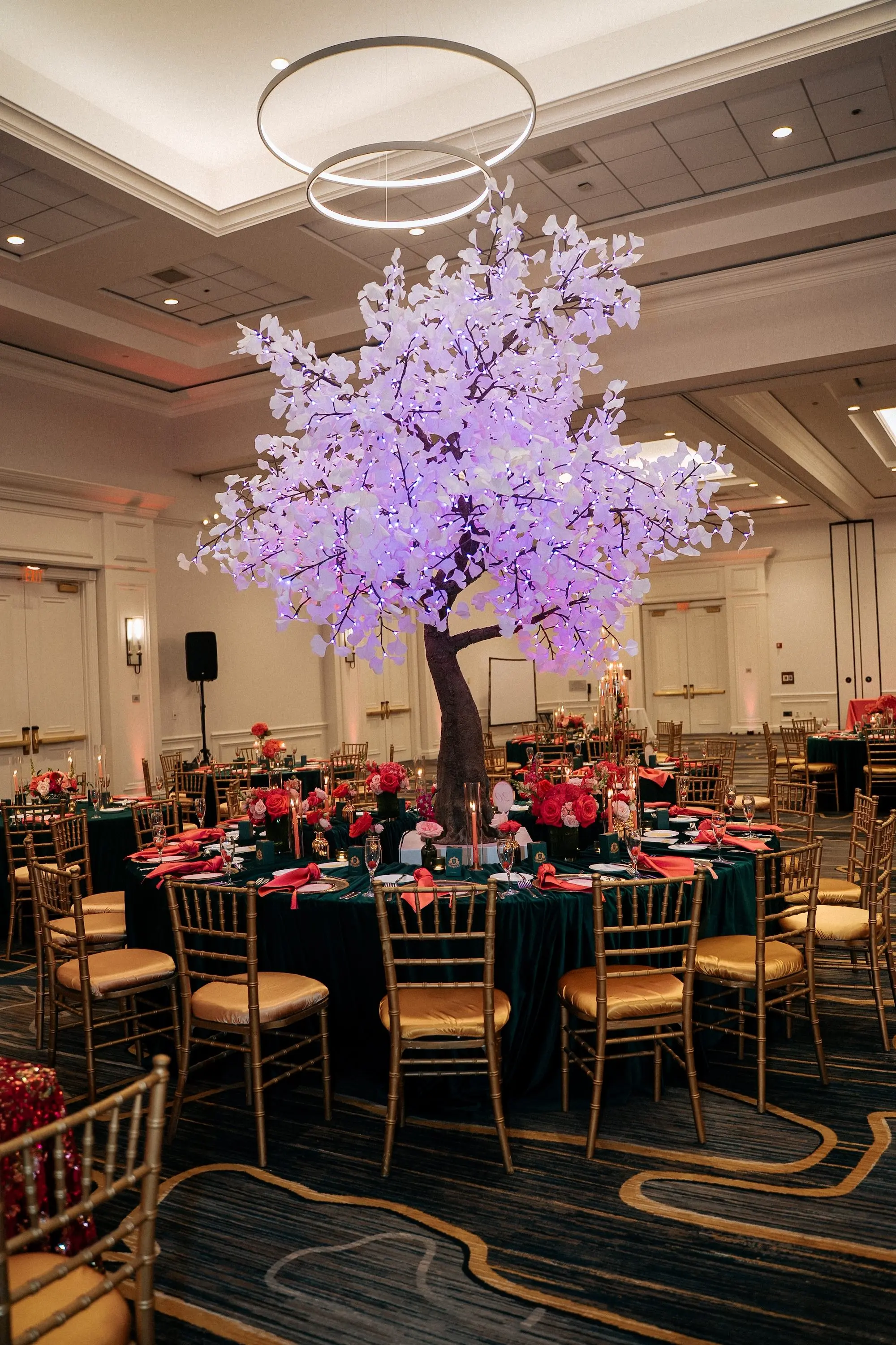 Glamorous Pink and Emerald Wedding Reception Japanese Cherry Blossom Tree Centerpiece Decor Inspiration | Tampa Bay Kate Ryan Event Rentals | Over The Top Rental Linens | Florist Save The Date Florida