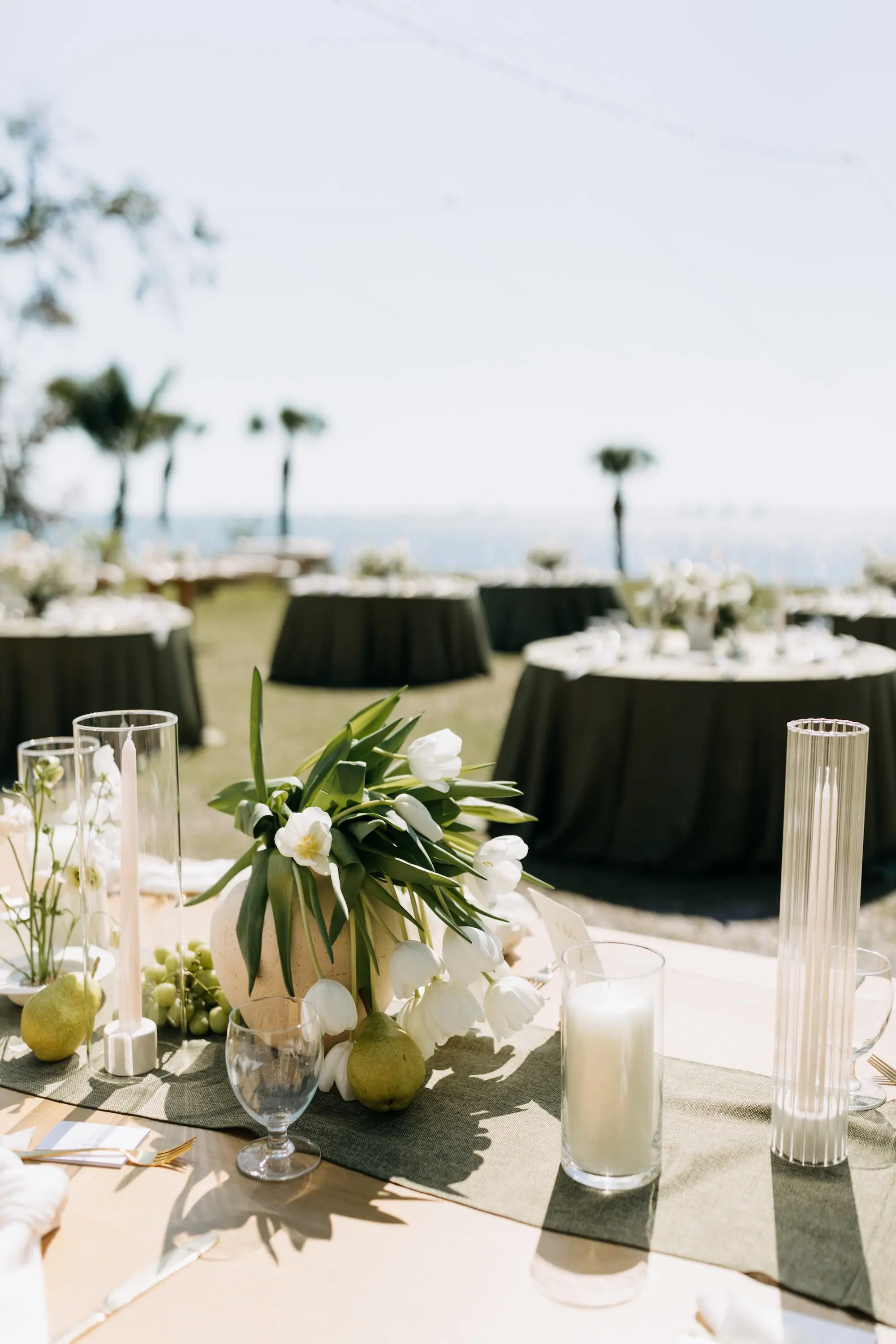 Romantic Outdoor Waterfront Green Garden Wedding Reception Centerpiece Decor Inspiration