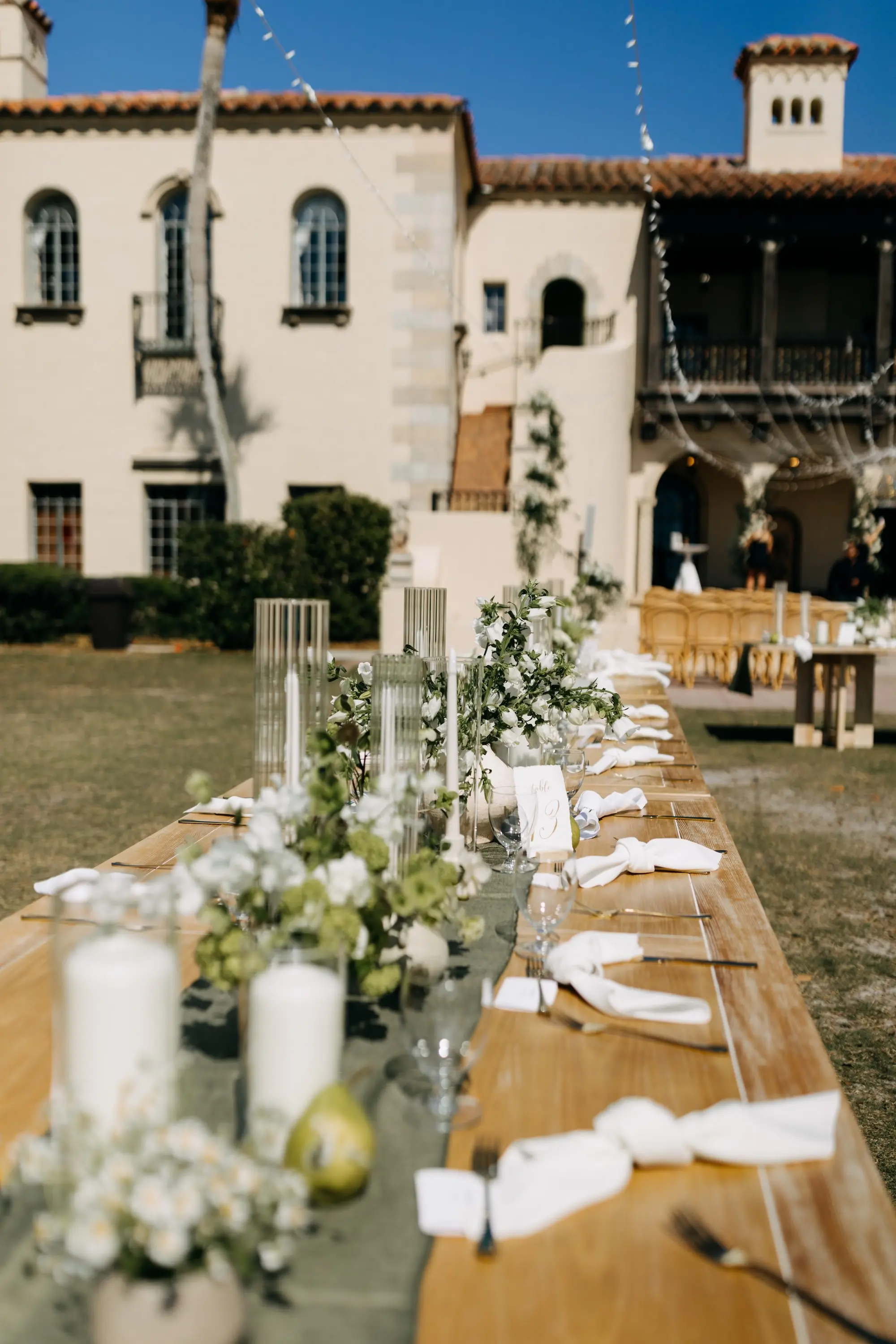 Romantic Outdoor Waterfront Green Garden Wedding Reception Tablescape Centerpiece Decor Inspiration