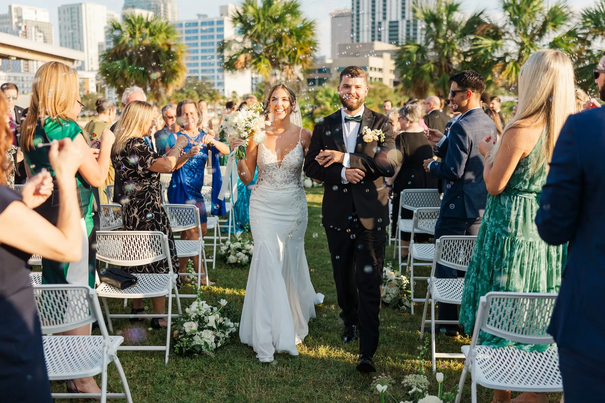 29Classic Emerald Green and Champagne Wedding Inspiration - Classic Emerald Green Downtown Tampa Wedding | Bob Buckhorn Center Bride and Groom Just Married Bubble Exit Wedding Ceremony Portrait | St Pete Photographer Mary Anna Photography