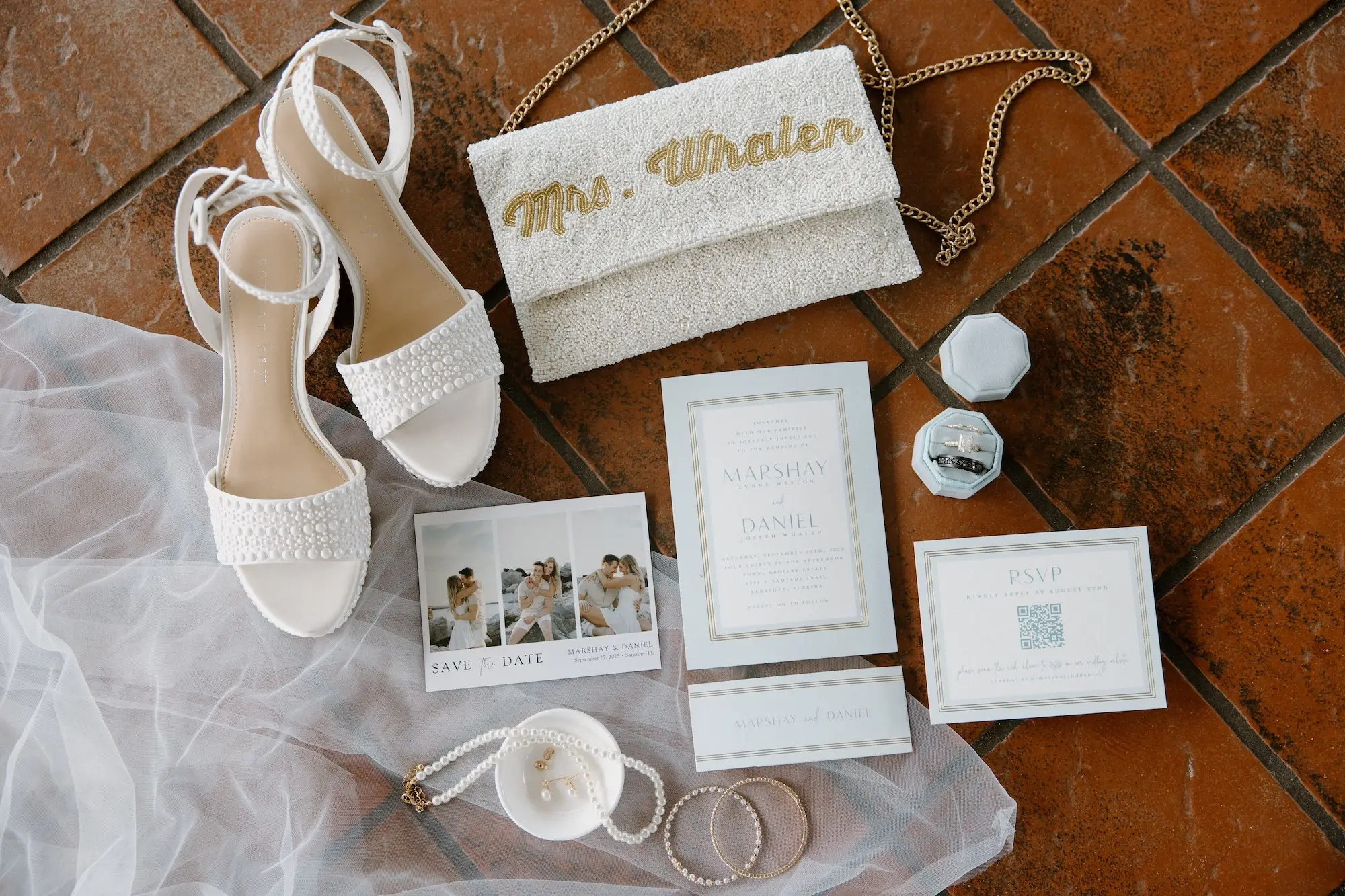 Timeless Neutral White and Blue Wedding Invitation Suite Inspiration | Beaded White Bridal Purse with Gold Last Name Ideas | White Beaded Bridal Shoes Inspiration