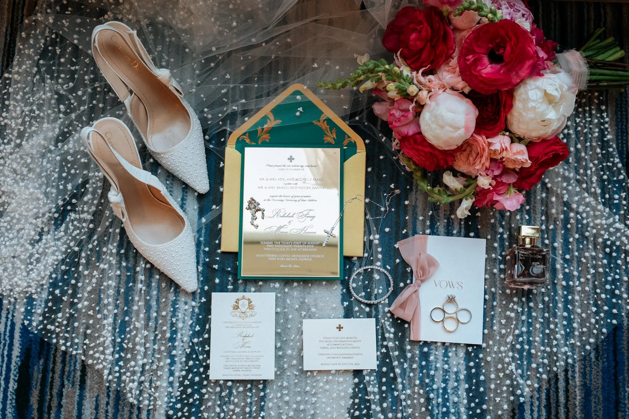 Glamorous Pink and Emerald Green Wedding Invitation Suite Ideas | Pink Bridal Bouquet Inspiration | Tampa Bay Florist Save The Date Florida