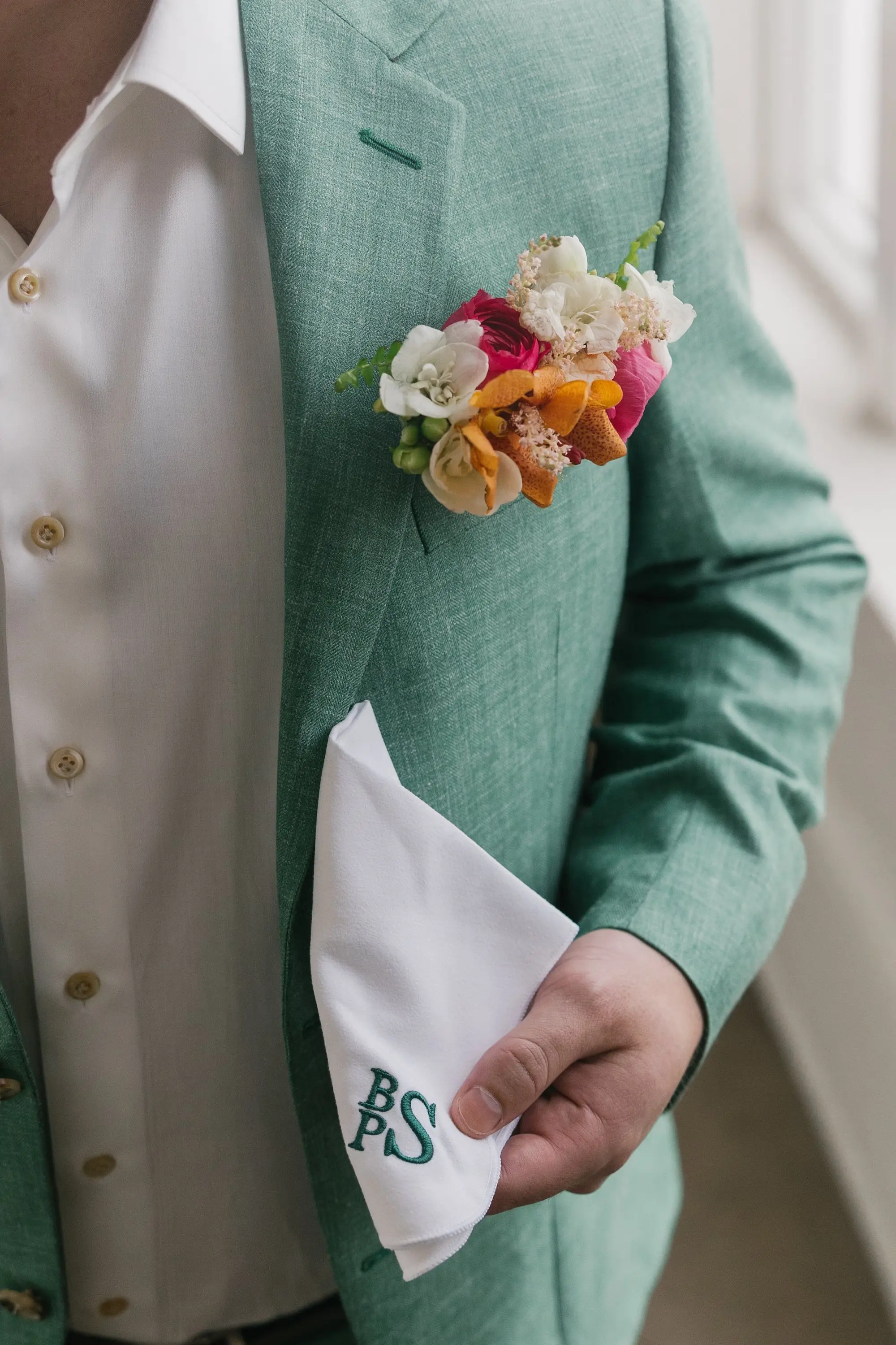 2Tropical Beach Boho Pink and Orange Wedding Inspiration - Vibrant, Tropical Boho St. Pete Beach Wedding | The Don CeSar Groom's Sage Green Linen Wedding Suit Attire Ideas | Personalized Wedding Handkerchief Inspiration | White, Orange, Red, Pink Boho Floral Wedding Decor Ideas