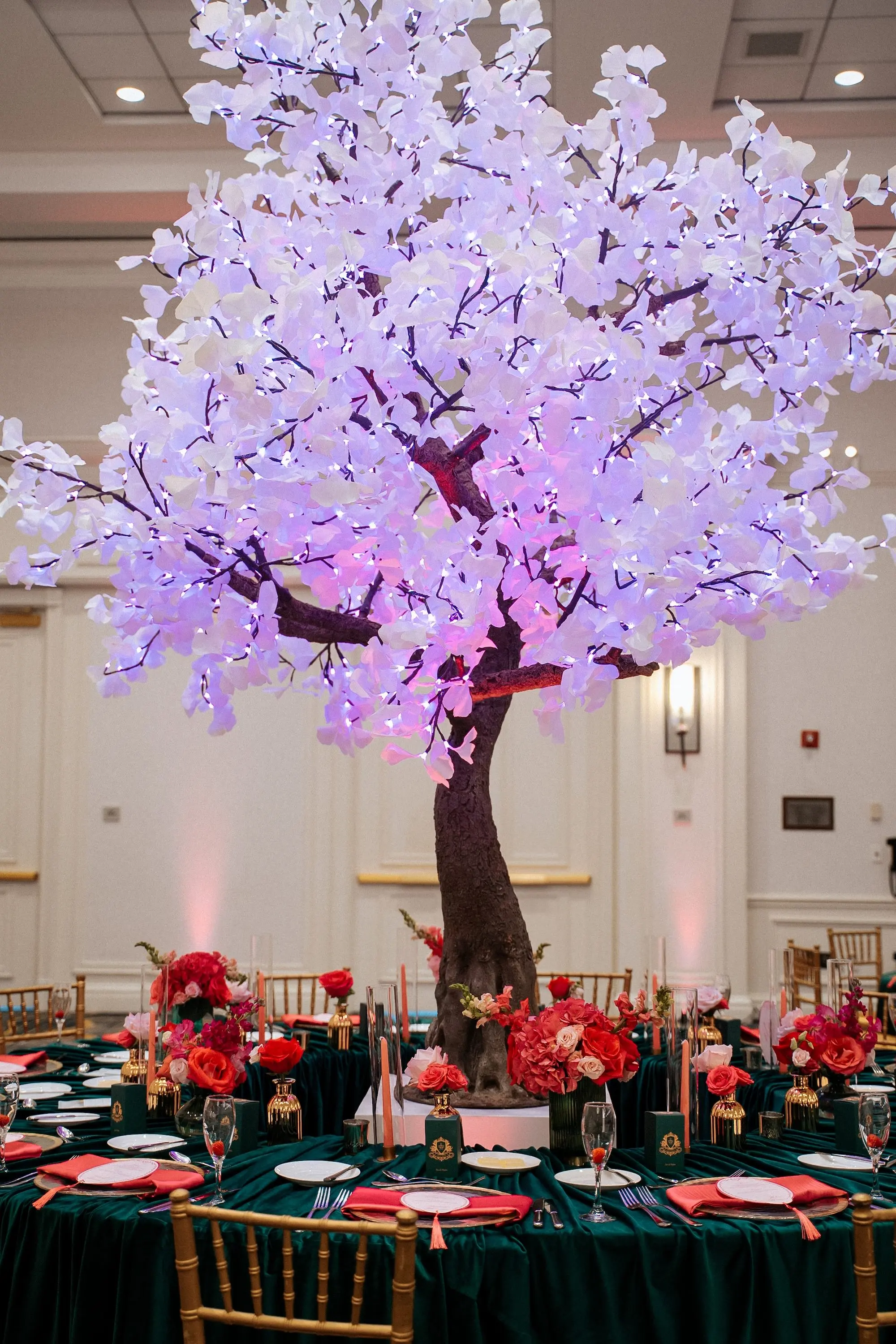 Glamorous Pink and Emerald Wedding Reception Japanese Cherry Blossom Tree Centerpiece Decor Inspiration | Tampa Bay Kate Ryan Event Rentals