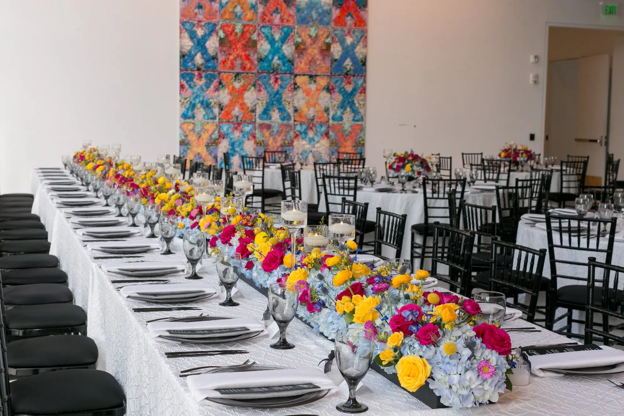 32Colorful Modern Yellow and Pink Wedding Ideas - Vibrant, Modern Gallery Wedding | Tampa Museum of Art Colorful Modern Yellow and Pink Wedding Reception Feasting Table Decor Ideas | Tampa Bay Rentals Gabro Event Services