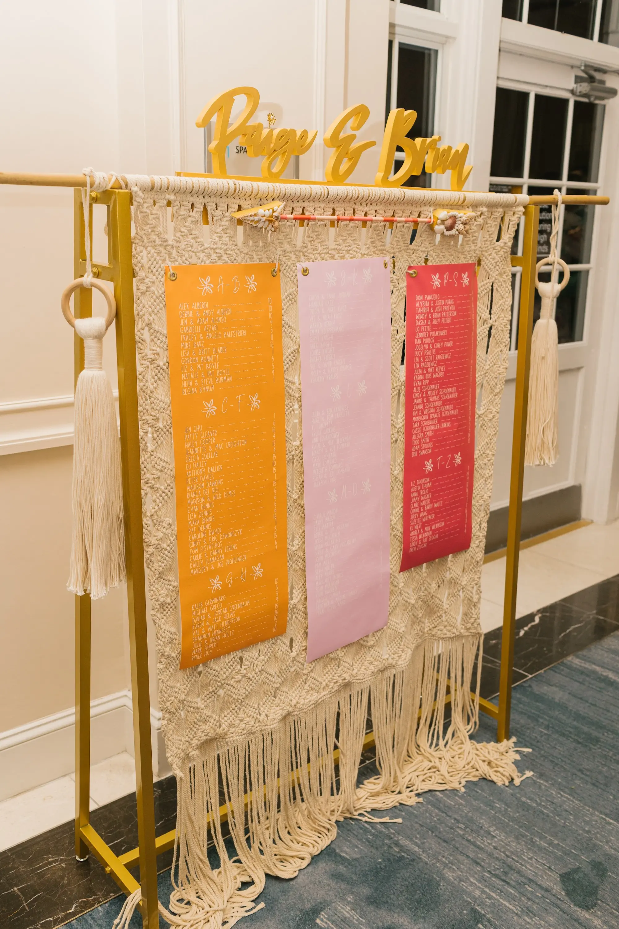 32Tropical Beach Boho Pink and Orange Wedding Inspiration - Vibrant, Tropical Boho St. Pete Beach Wedding | The Don CeSar Boho Beach Macrame Pink, Orange, Yellow, Red Wedding Reception Seating Chart Decor Inspiration | Tampa Bay Planner EventFull Weddings