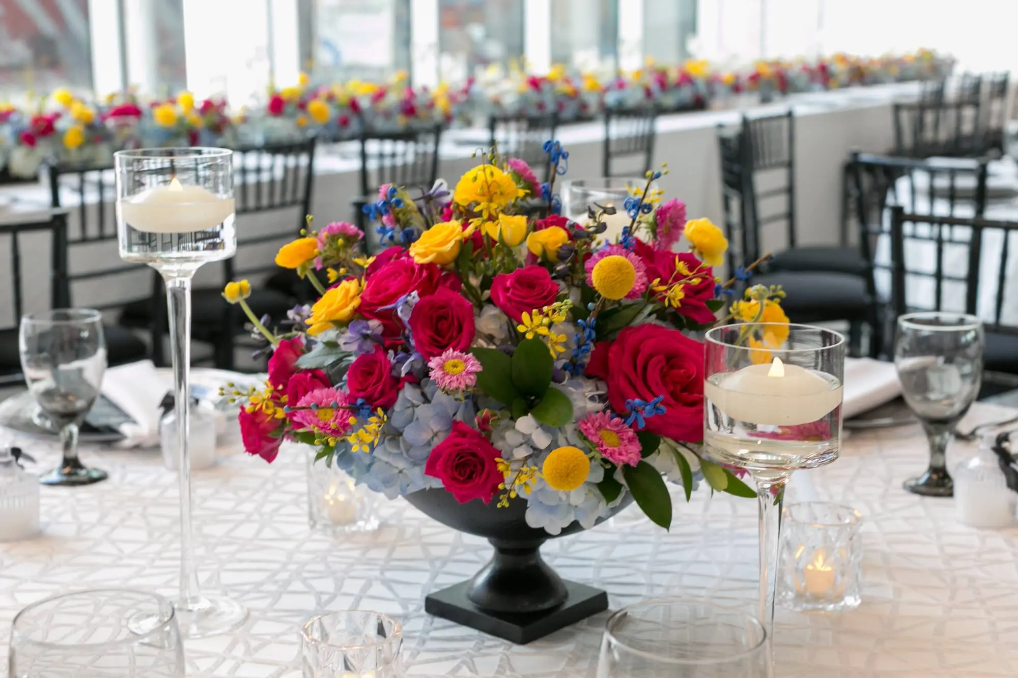 33Colorful Modern Yellow and Pink Wedding Ideas - Vibrant, Modern Gallery Wedding | Tampa Museum of Art Colorful Modern Yellow, Pink, and Blue Flowers Wedding Ceremony Altar Decor Inspiration