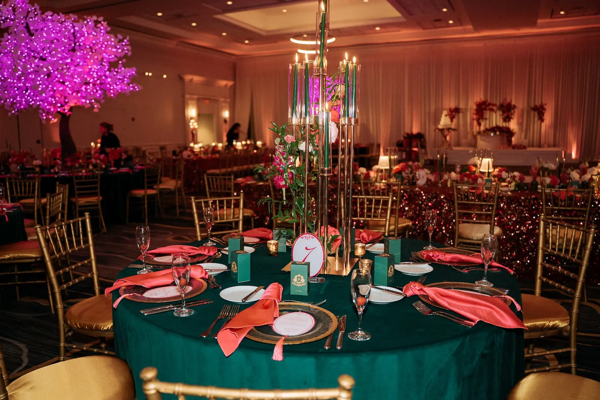 Glamorous Pink and Emerald Wedding Reception Tablescape Place Setting Centerpiece Decor Ideas | Tampa Bay Over The Top Rental Linens | Florist Save The Date Florida | Kate Ryan Event Rentals