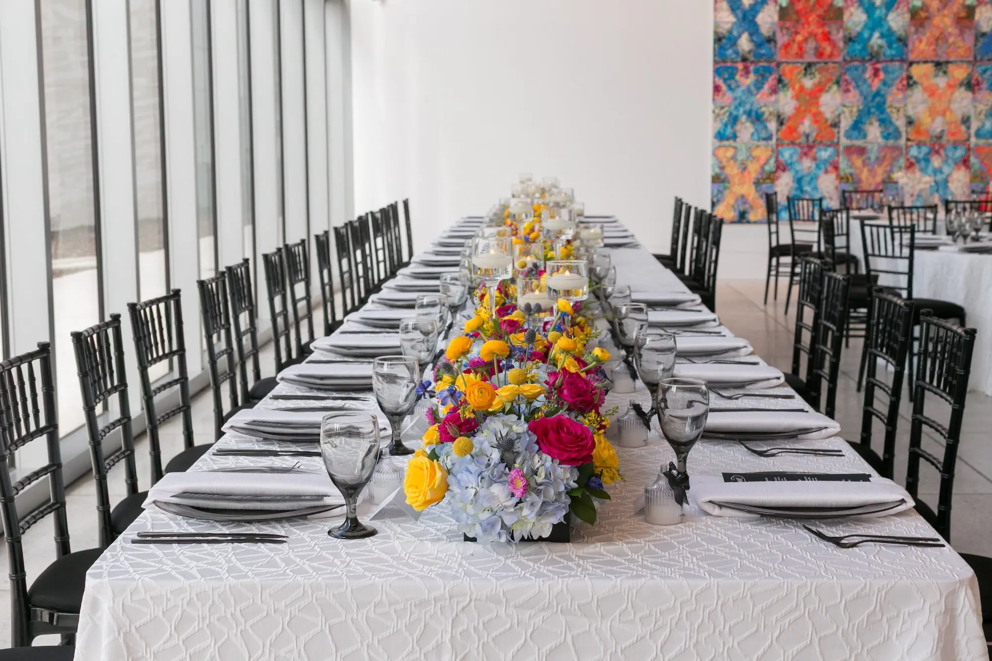 34Colorful Modern Yellow and Pink Wedding Ideas - Vibrant, Modern Gallery Wedding | Tampa Museum of Art Colorful Modern Yellow and Pink Wedding Reception Feasting Table Decor Ideas | Tampa Bay Rentals Gabro Event Services
